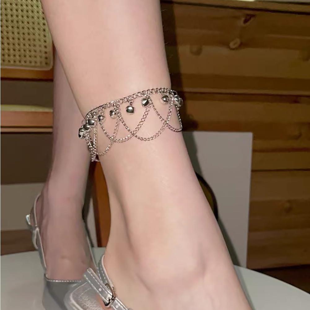 Pulsera de Tobillo Boho con Campanas de Plata Ajustable 22.5 cm