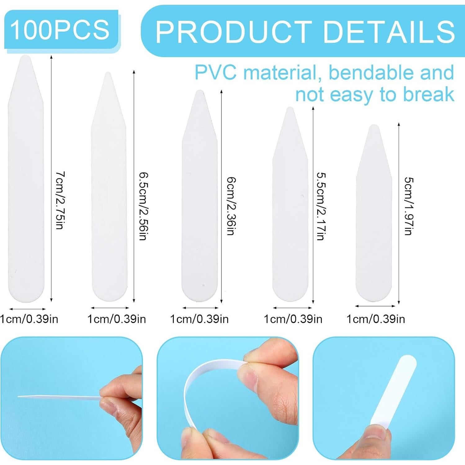 100 Soportes de Cuello de Camisa Oruola - PVC Blanco, 5 Longitudes