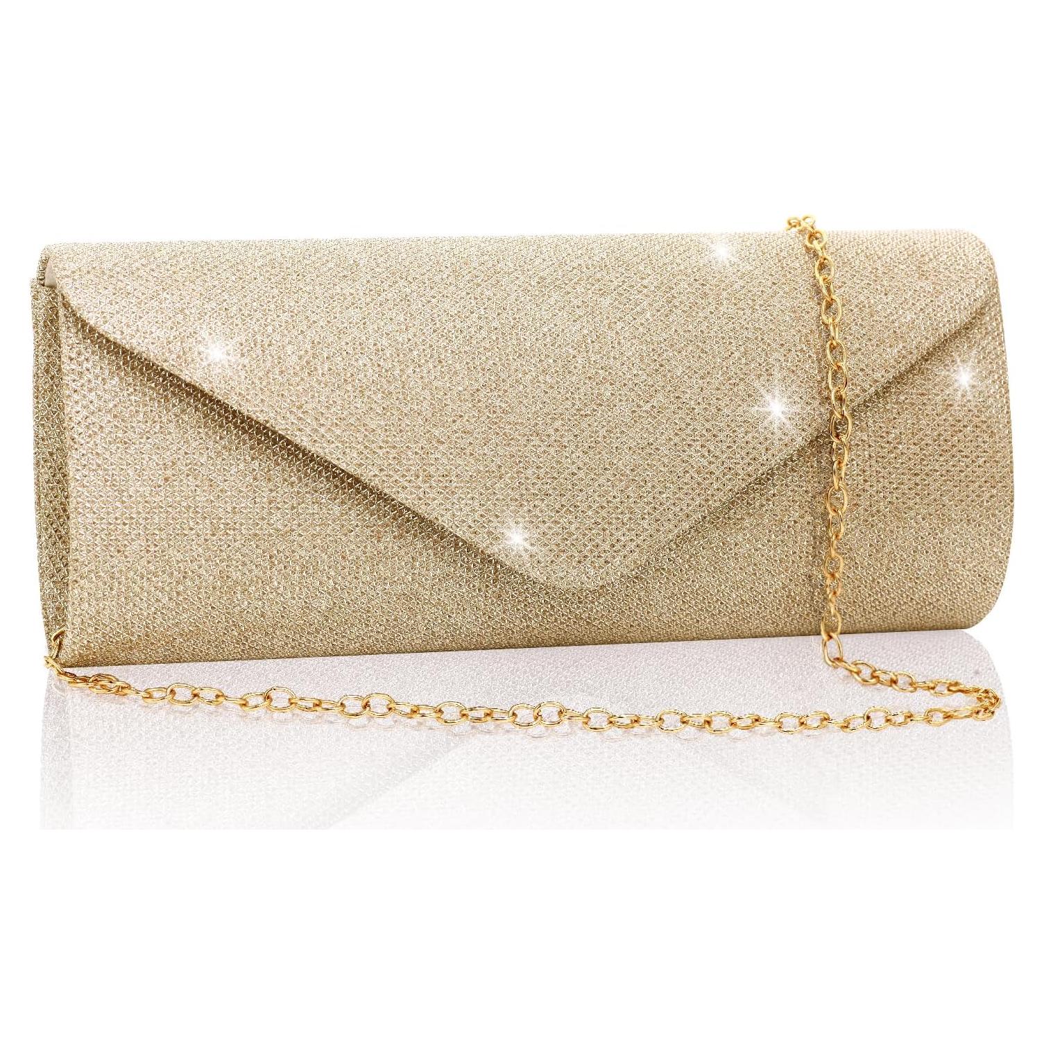 Bolso Clutch de Noche BBjinronjy Oro Champán con Cadena Desmontable