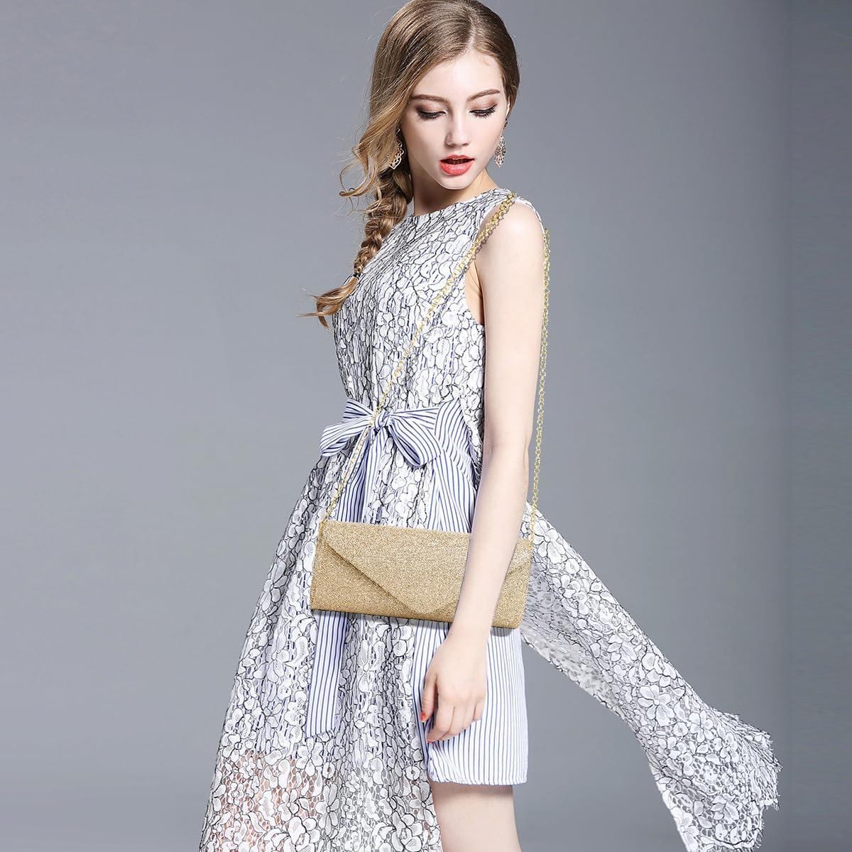 Bolso Clutch de Noche BBjinronjy Oro Champán con Cadena Desmontable