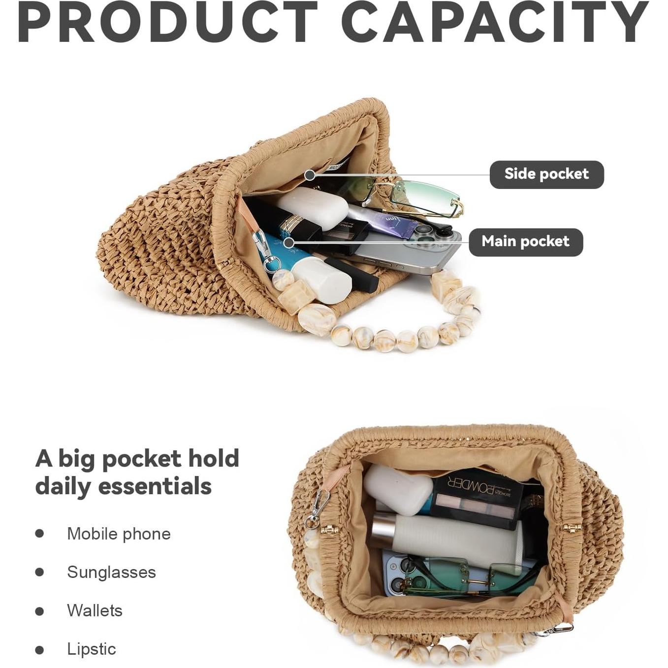 Bolso de Mano de Paja LUI SUI Caqui - Verano 28x20cm