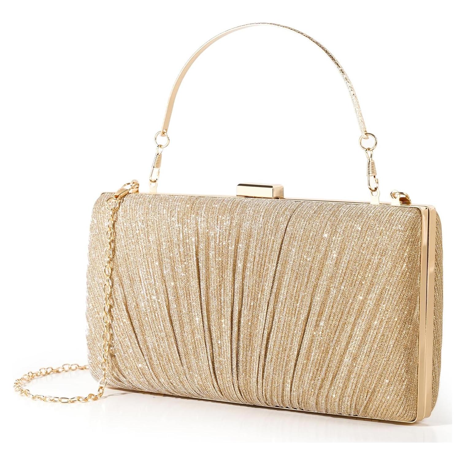 Cartera de Mano Kseymeir para Mujeres en Satén Oro con Cadena