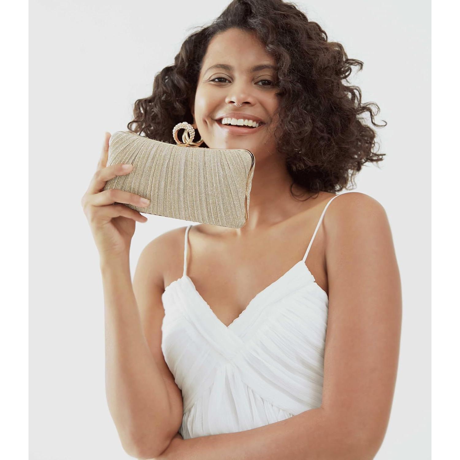 Bolso de mano dorado con purpurina y strass para mujer