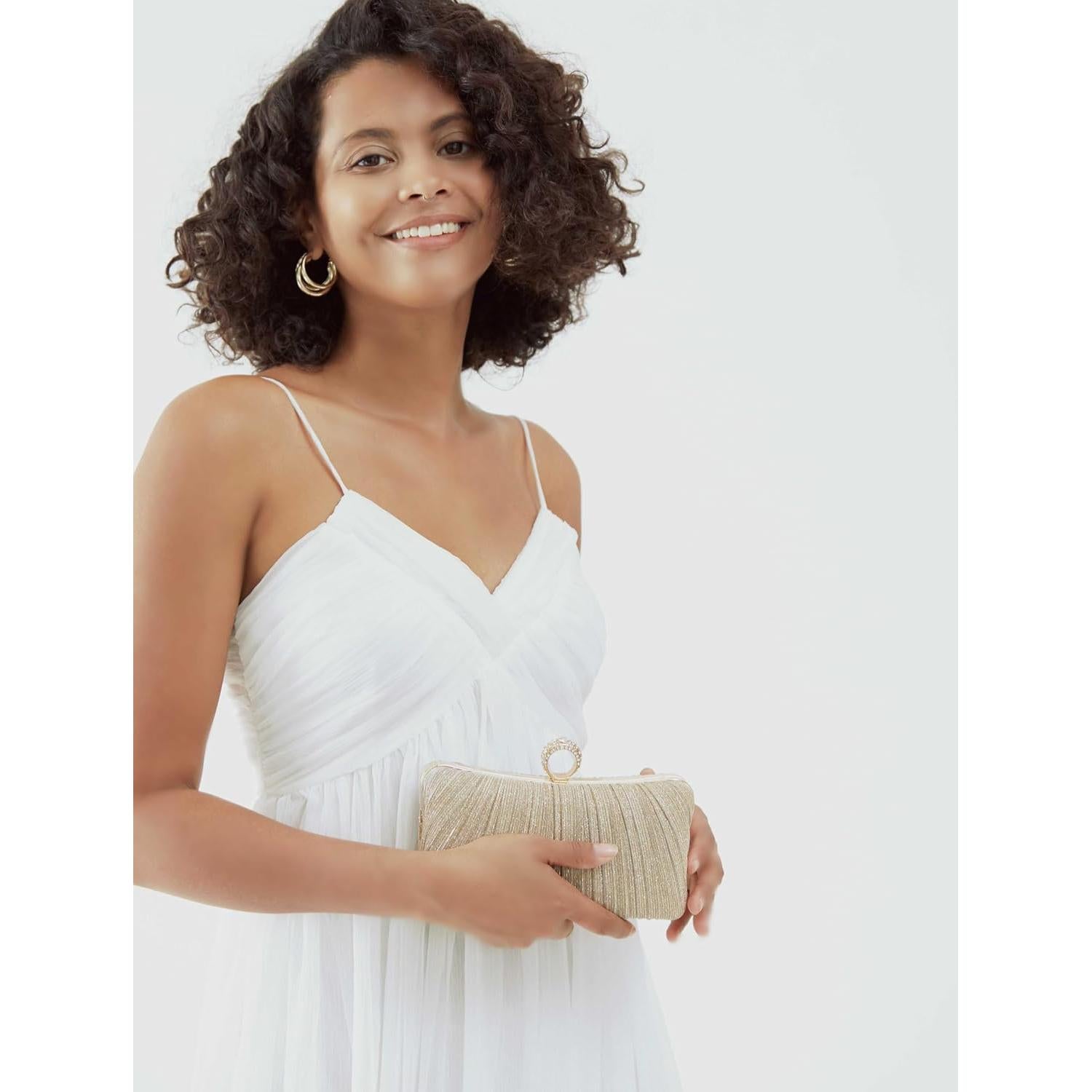 Bolso de mano dorado con purpurina y strass para mujer