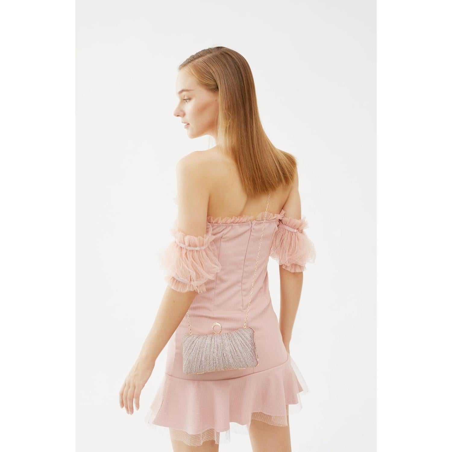 Bolso de mano dorado con purpurina y strass para mujer