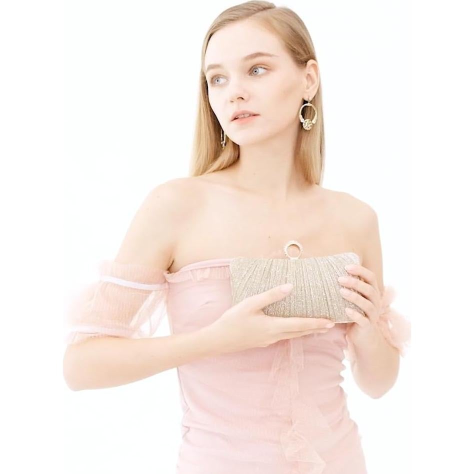 Bolso de mano dorado con purpurina y strass para mujer