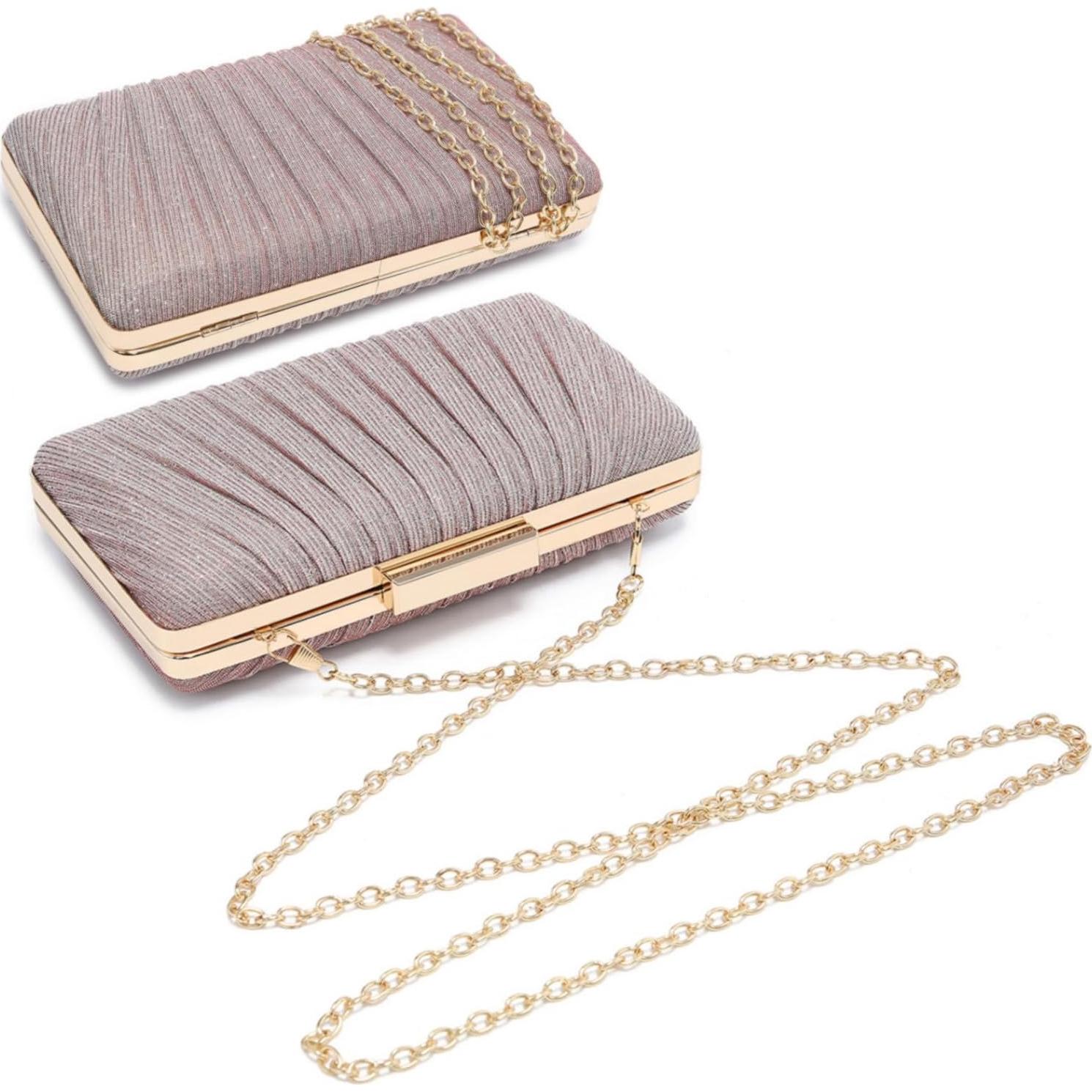 Bolso de Noche Clutch Dasein Rosa Plisado con Brillos