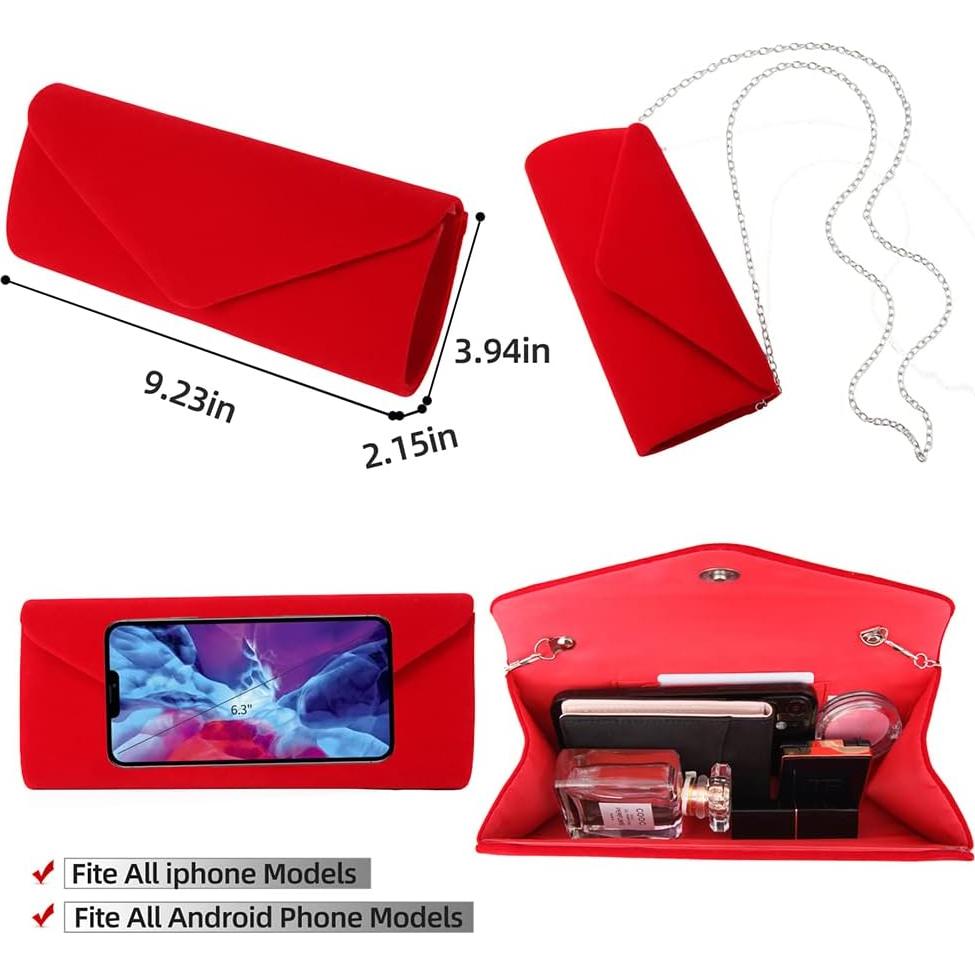 Bolso Clutch de Terciopelo YIXUND Rojo para Mujeres 23.37x9.91cm