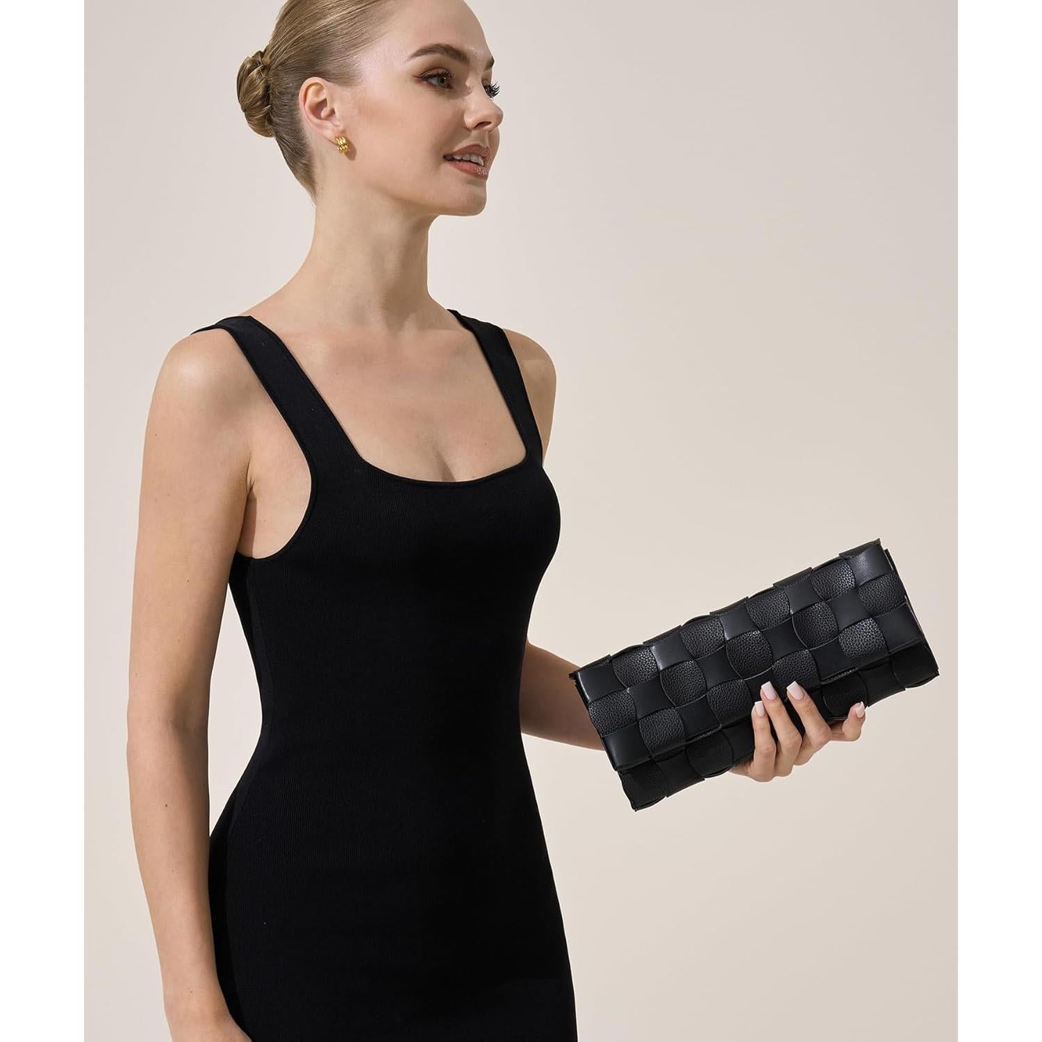 Bolso de Noche Tejido para Mujeres PU Negro 29.6x15.3cm