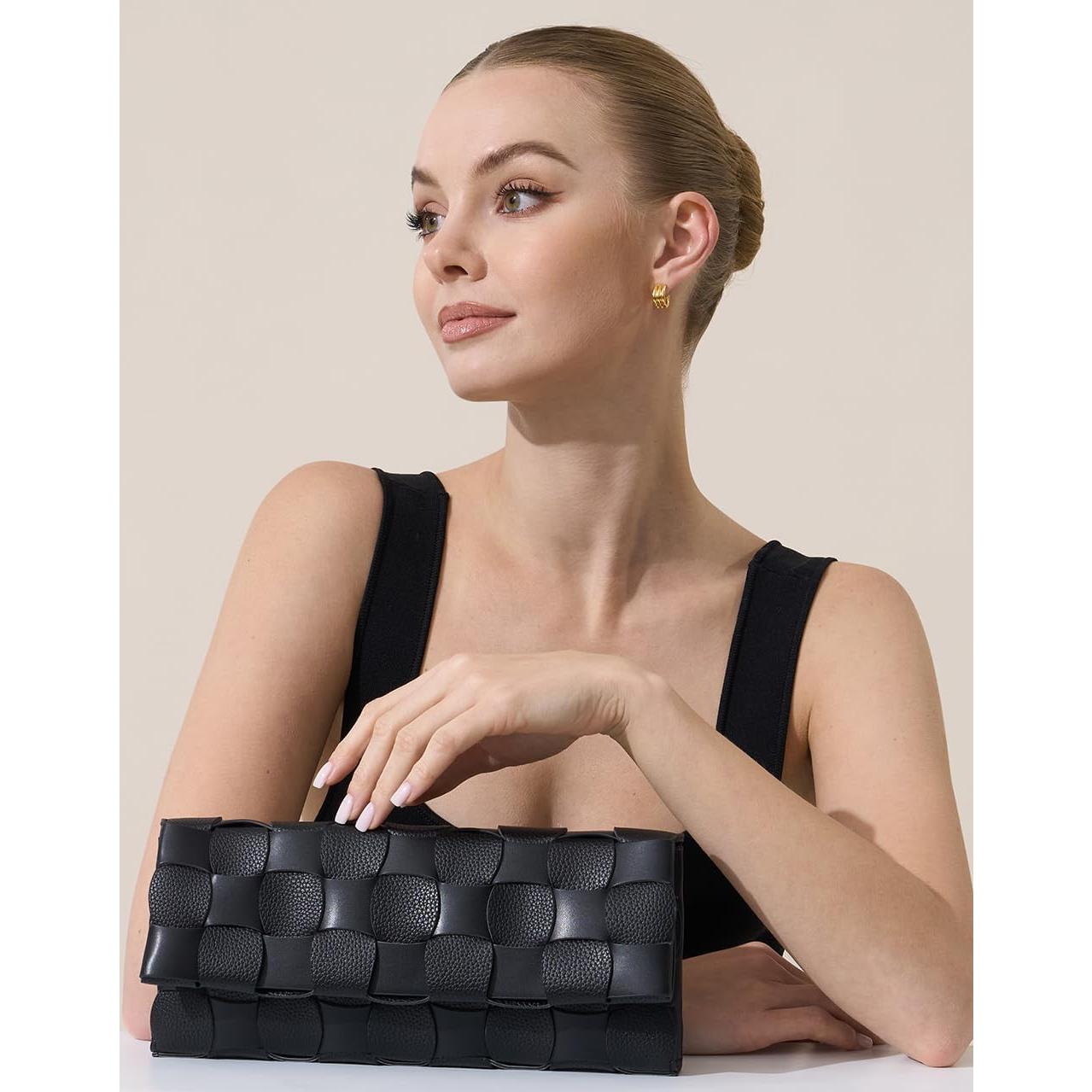 Bolso de Noche Tejido para Mujeres PU Negro 29.6x15.3cm