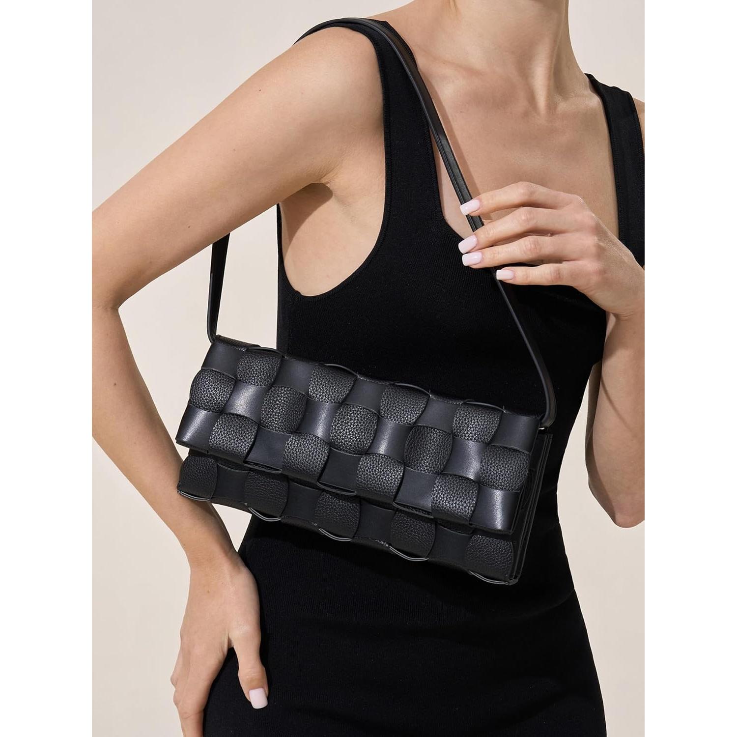 Bolso de Noche Tejido para Mujeres PU Negro 29.6x15.3cm