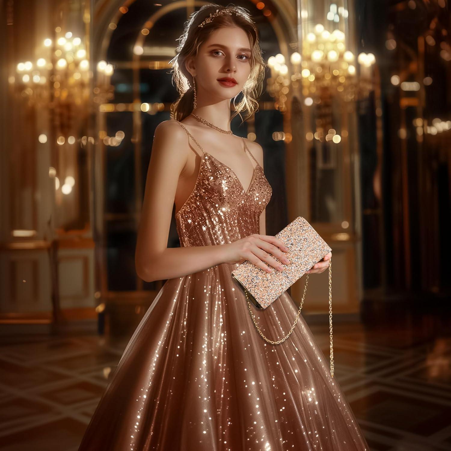 Bolso de Noche Larcenciel Oro Rosa con Brillantes 20.1x10.0cm