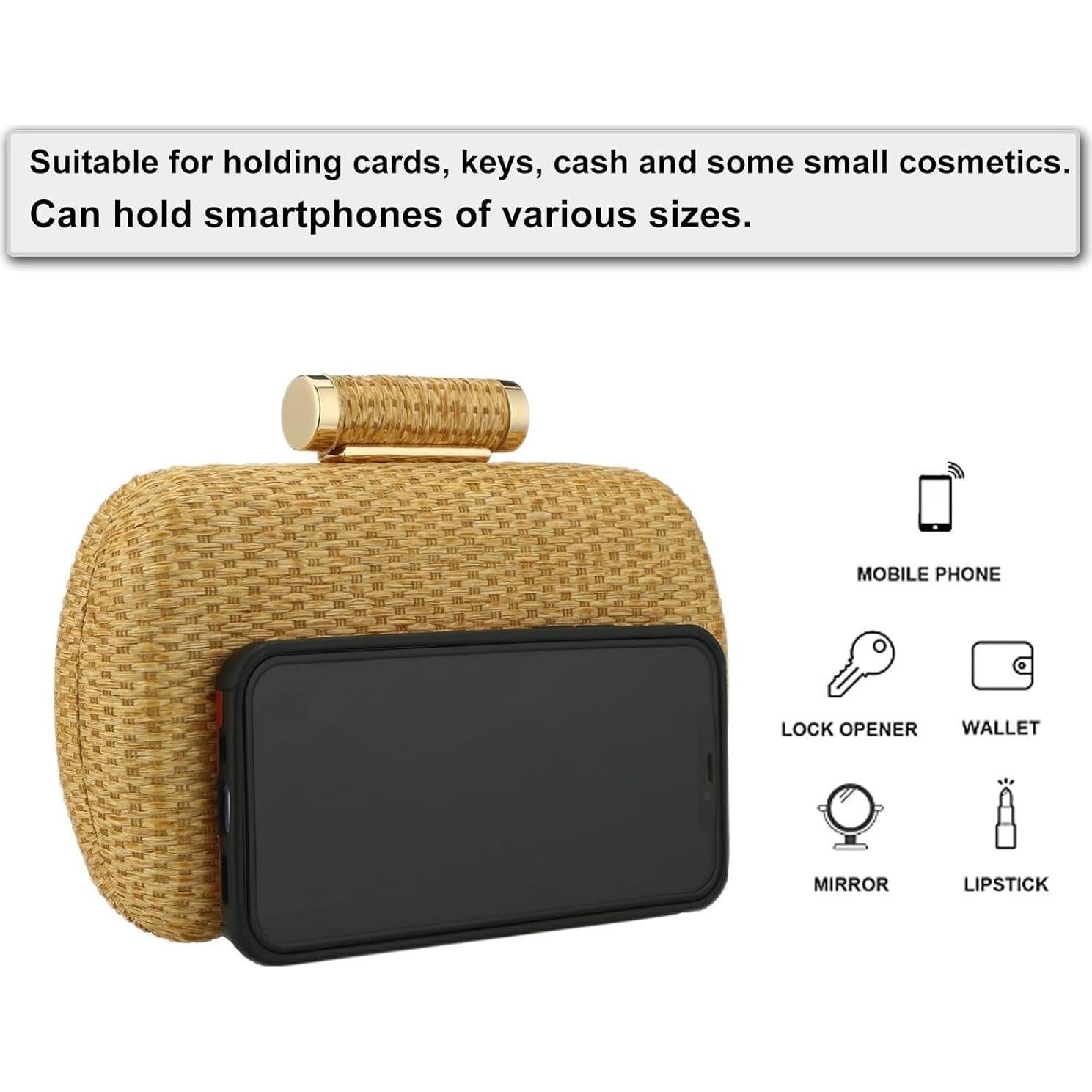 Bolso Clutch de Paja YYW para Mujeres 19x4.6x12.7 cm Oro