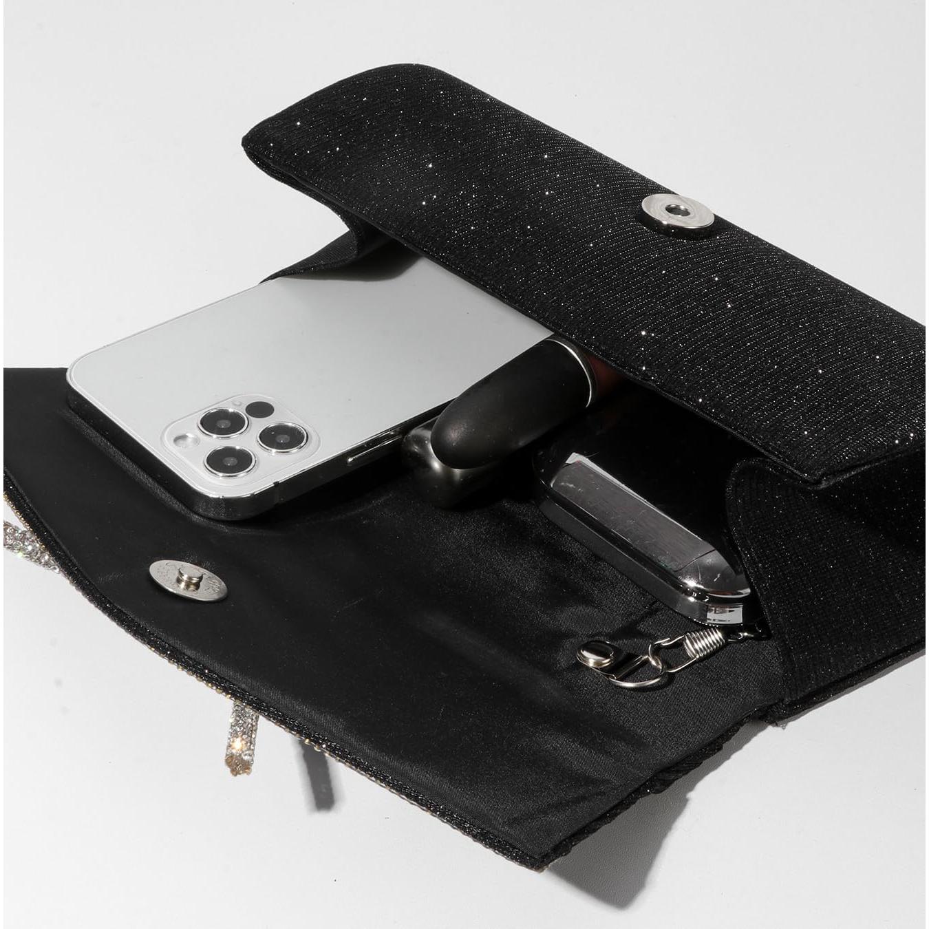 Bolso Clutch de Noche Brillante Negro con Lazo y Rhinestones