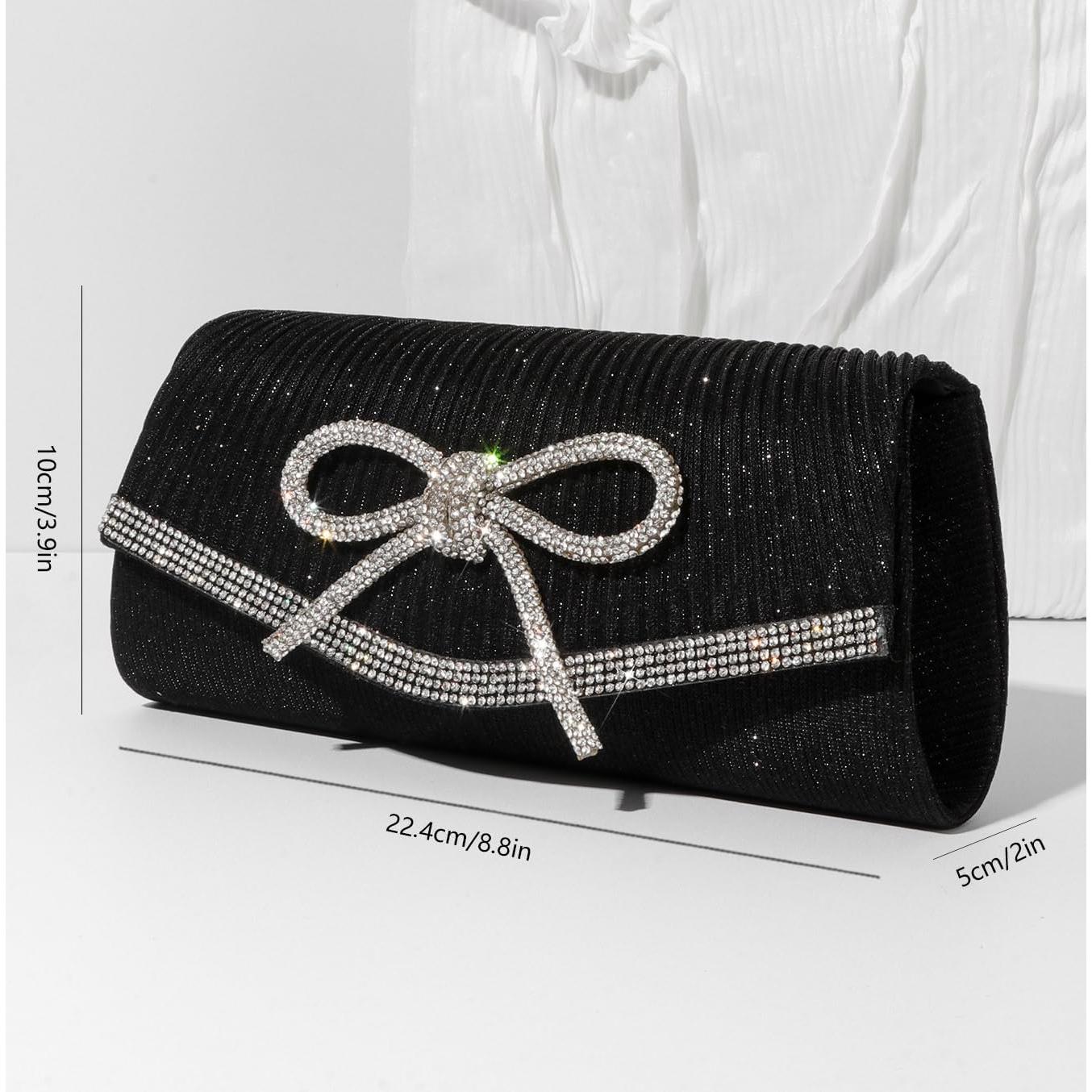 Bolso Clutch de Noche Brillante Negro con Lazo y Rhinestones