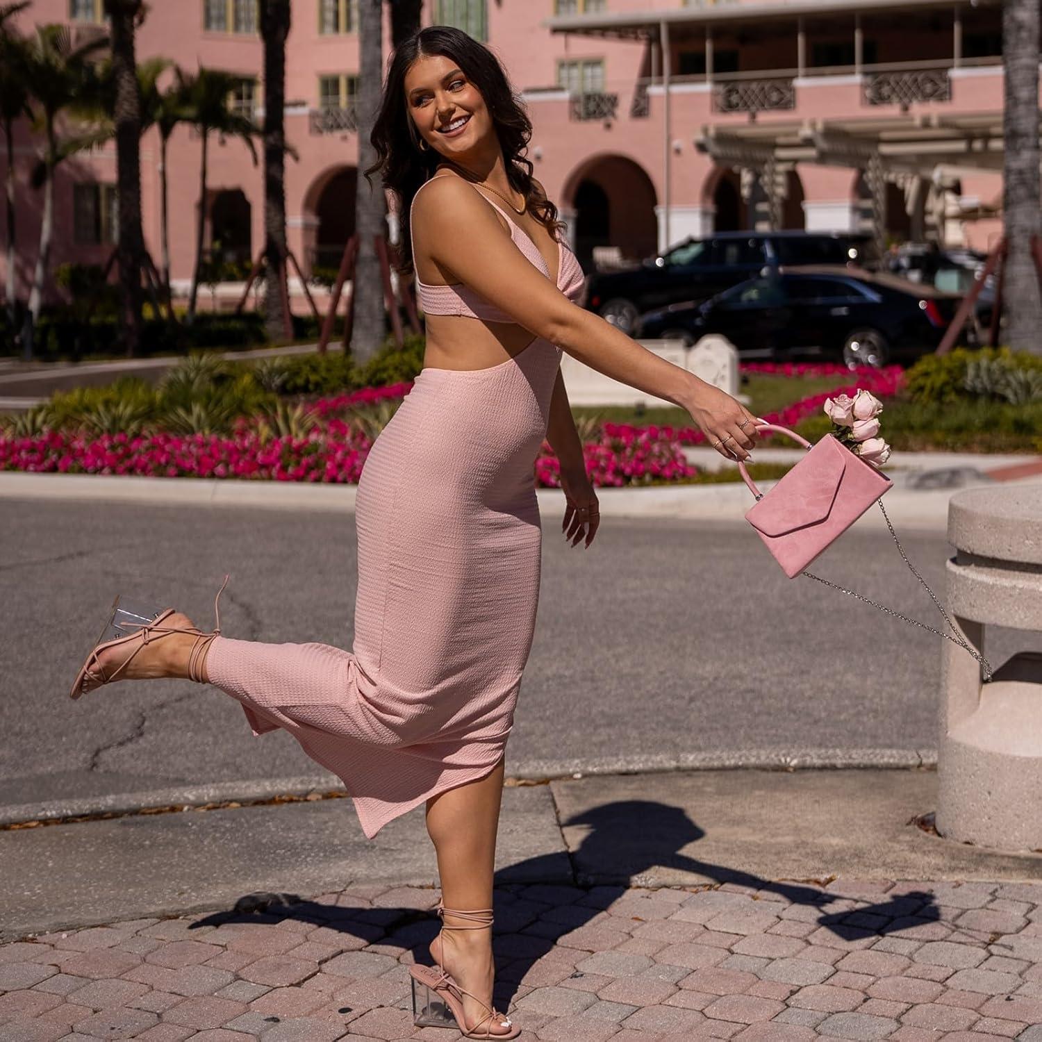 Bolso de Noche Dasein para Mujeres Terciopelo Rosa 21.6x12.7cm