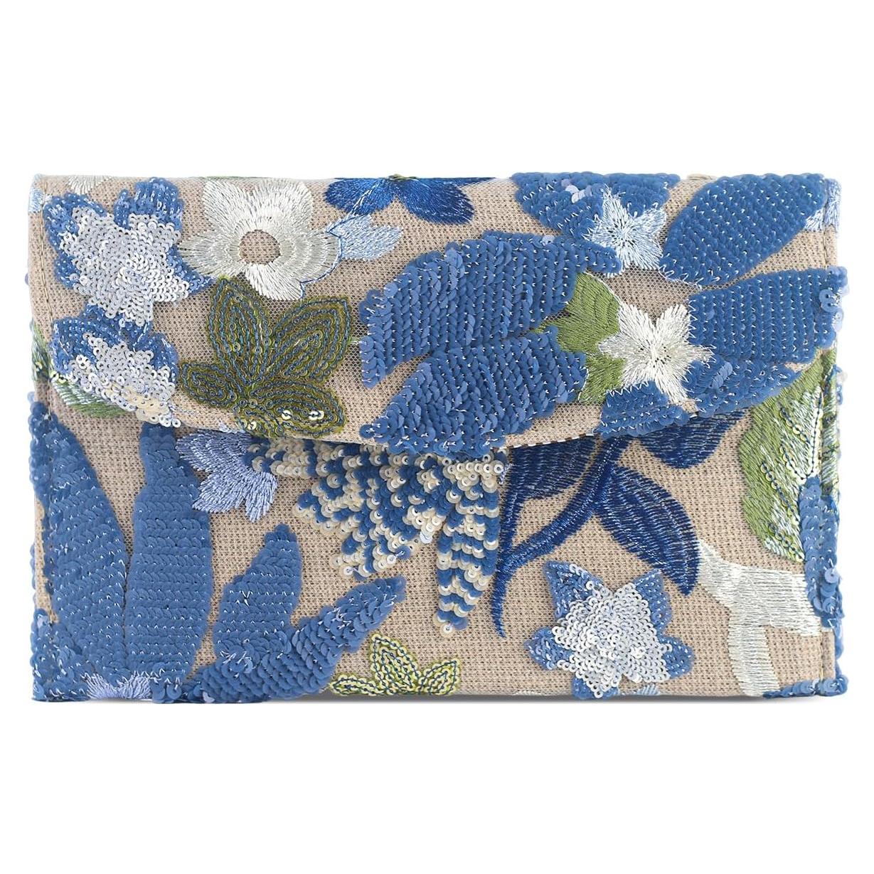 Bolso de mano bordado floral Nefokfdus azul con lentejuelas