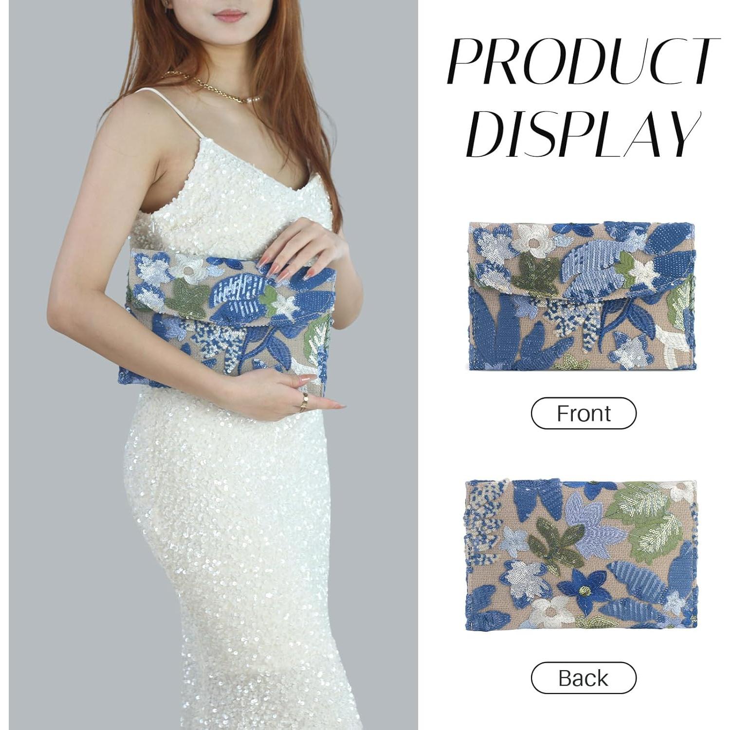 Bolso de mano bordado floral Nefokfdus azul con lentejuelas