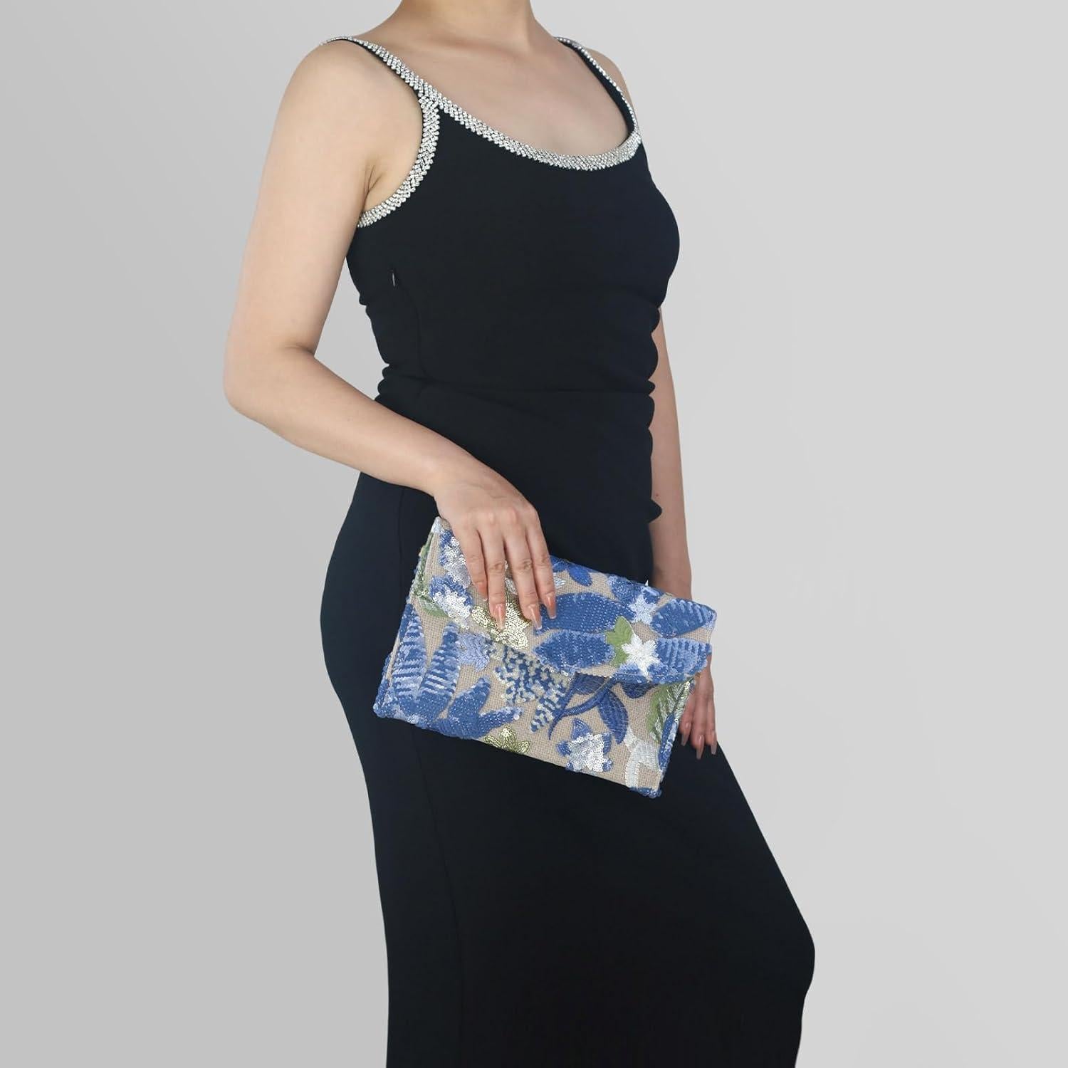 Bolso de mano bordado floral Nefokfdus azul con lentejuelas