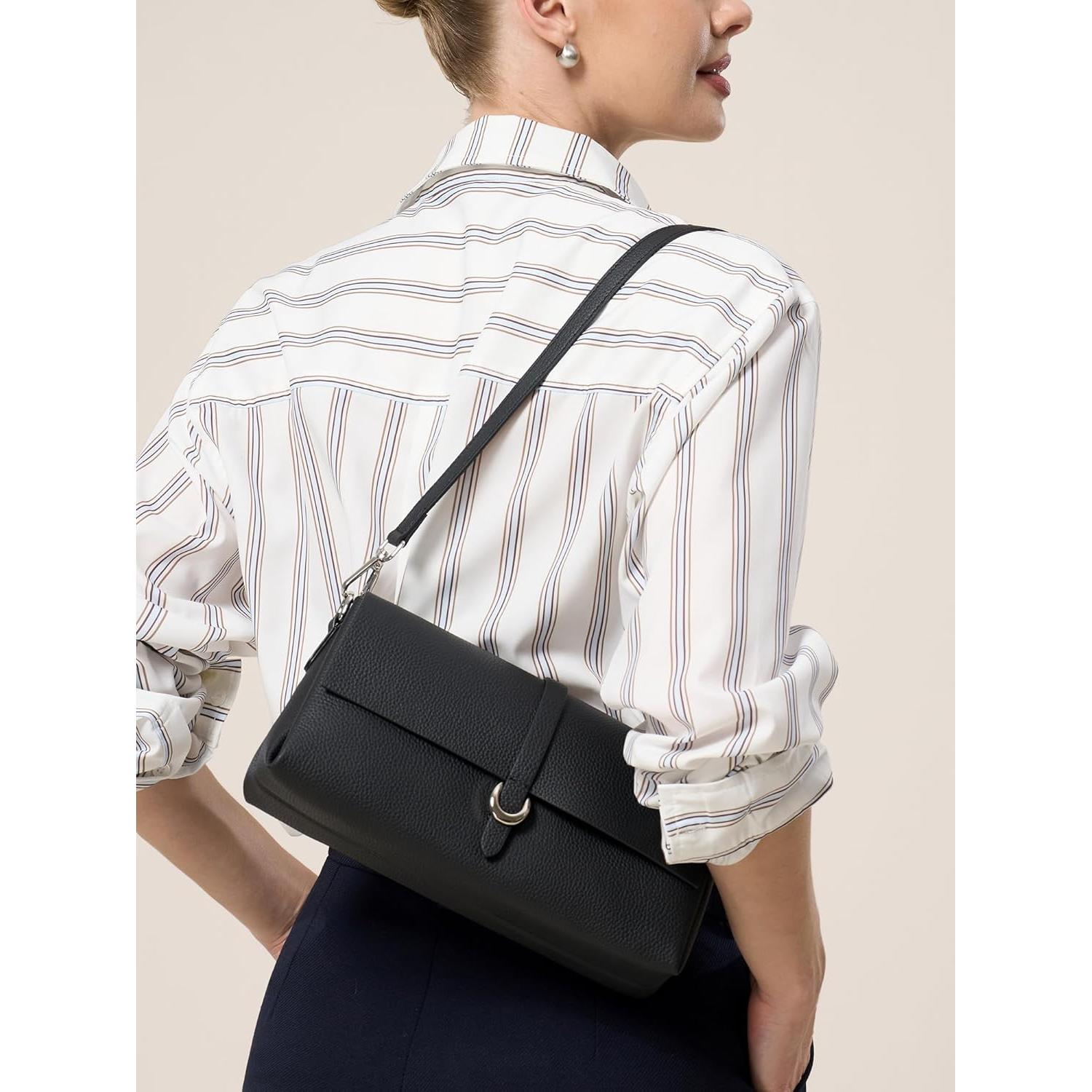 Bolso de mano de cuero genuino para mujer - Negro - 5 compartimentos