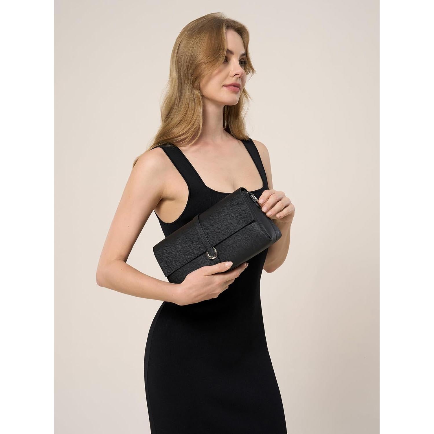 Bolso de mano de cuero genuino para mujer - Negro - 5 compartimentos