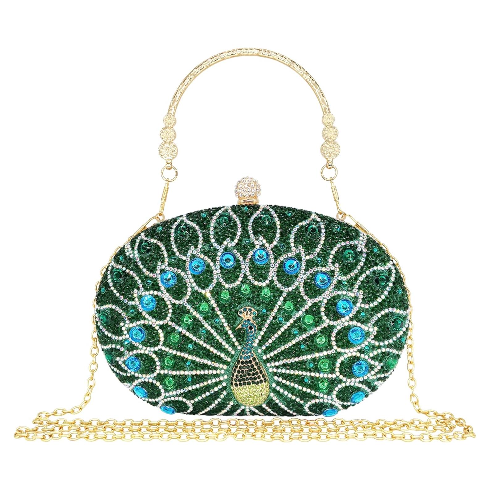 Bolso de mano de strass para mujer Pavo Real Verde 20x14cm