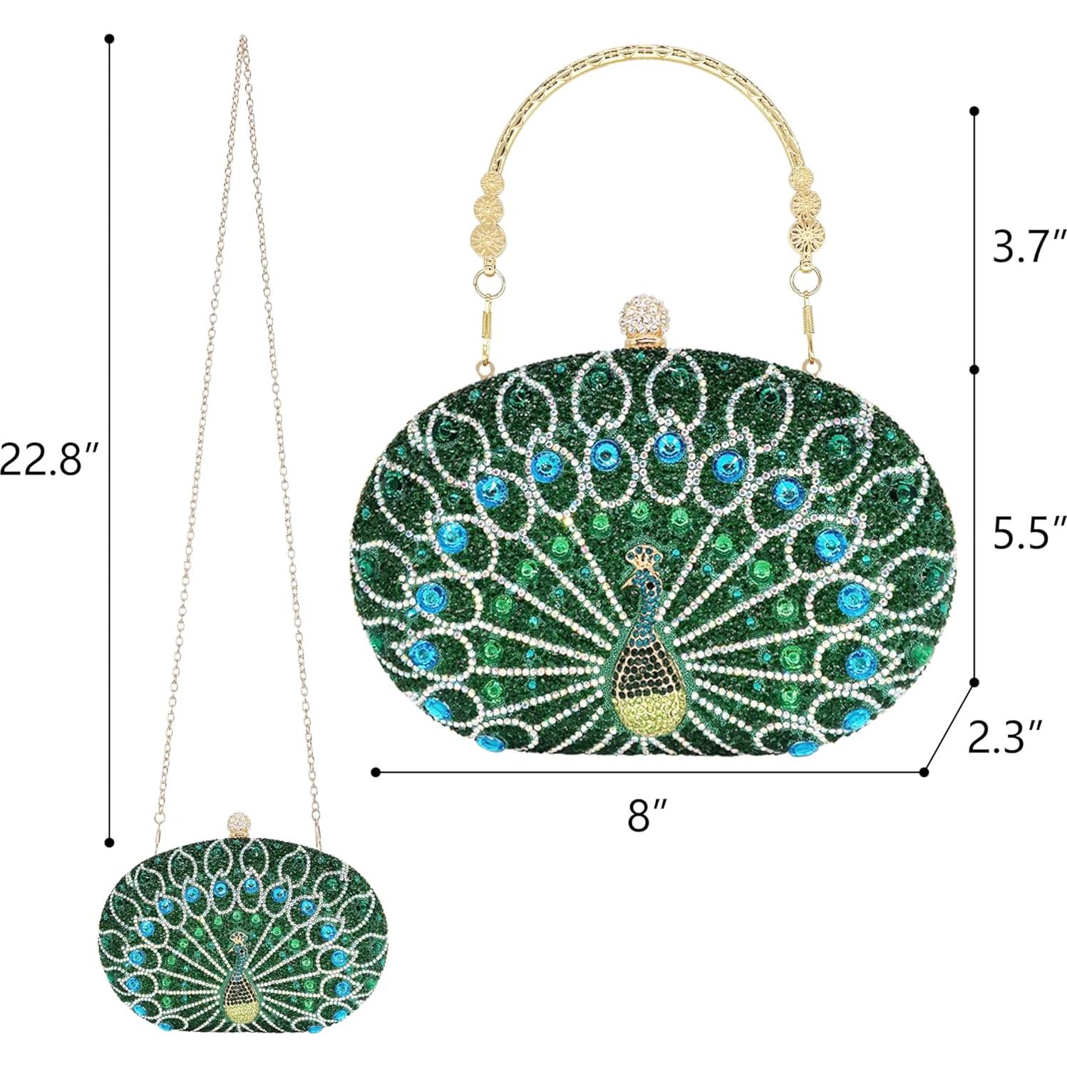 Bolso de mano de strass para mujer Pavo Real Verde 20x14cm