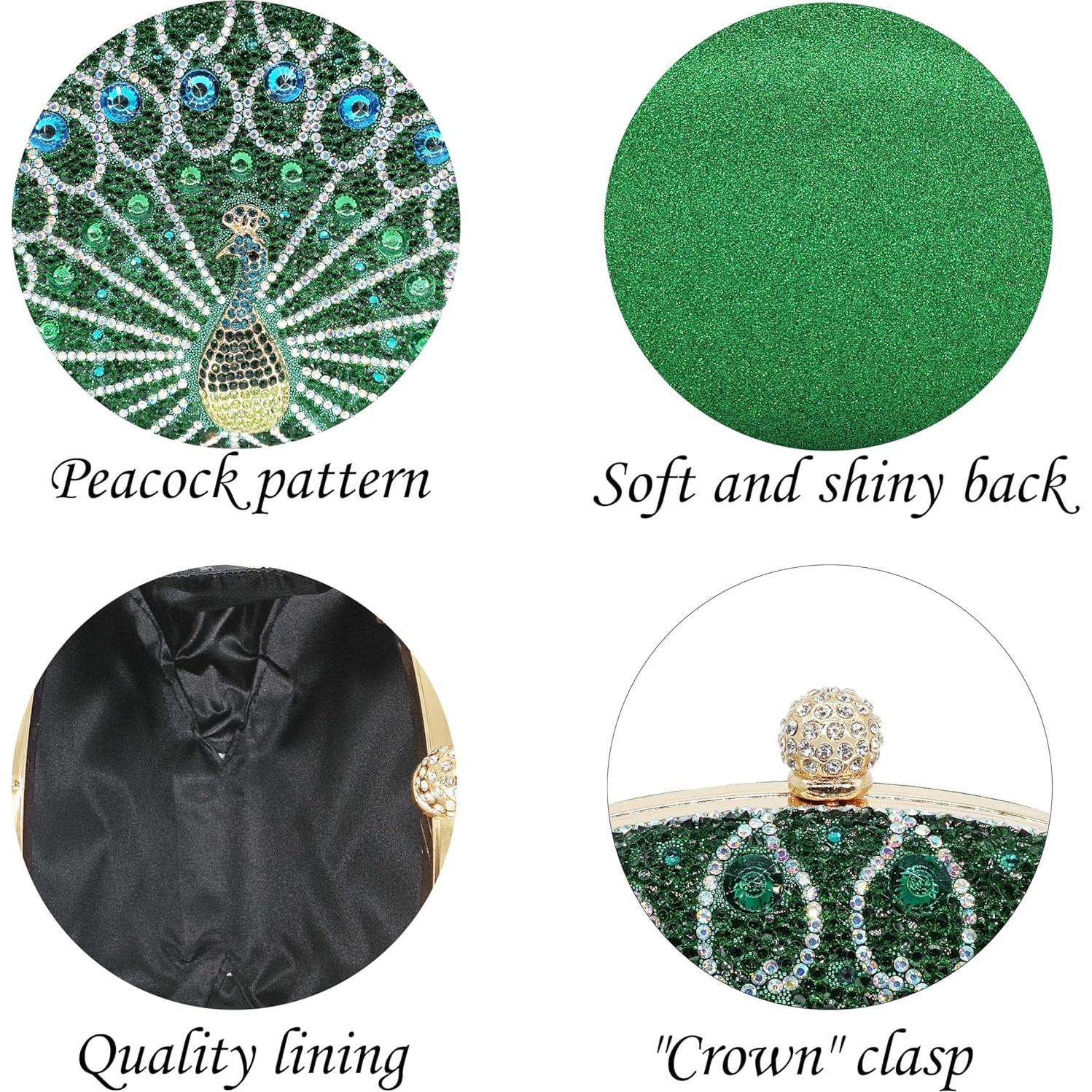 Bolso de mano de strass para mujer Pavo Real Verde 20x14cm