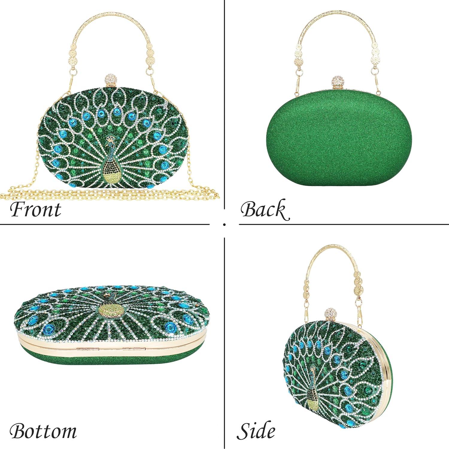 Bolso de mano de strass para mujer Pavo Real Verde 20x14cm