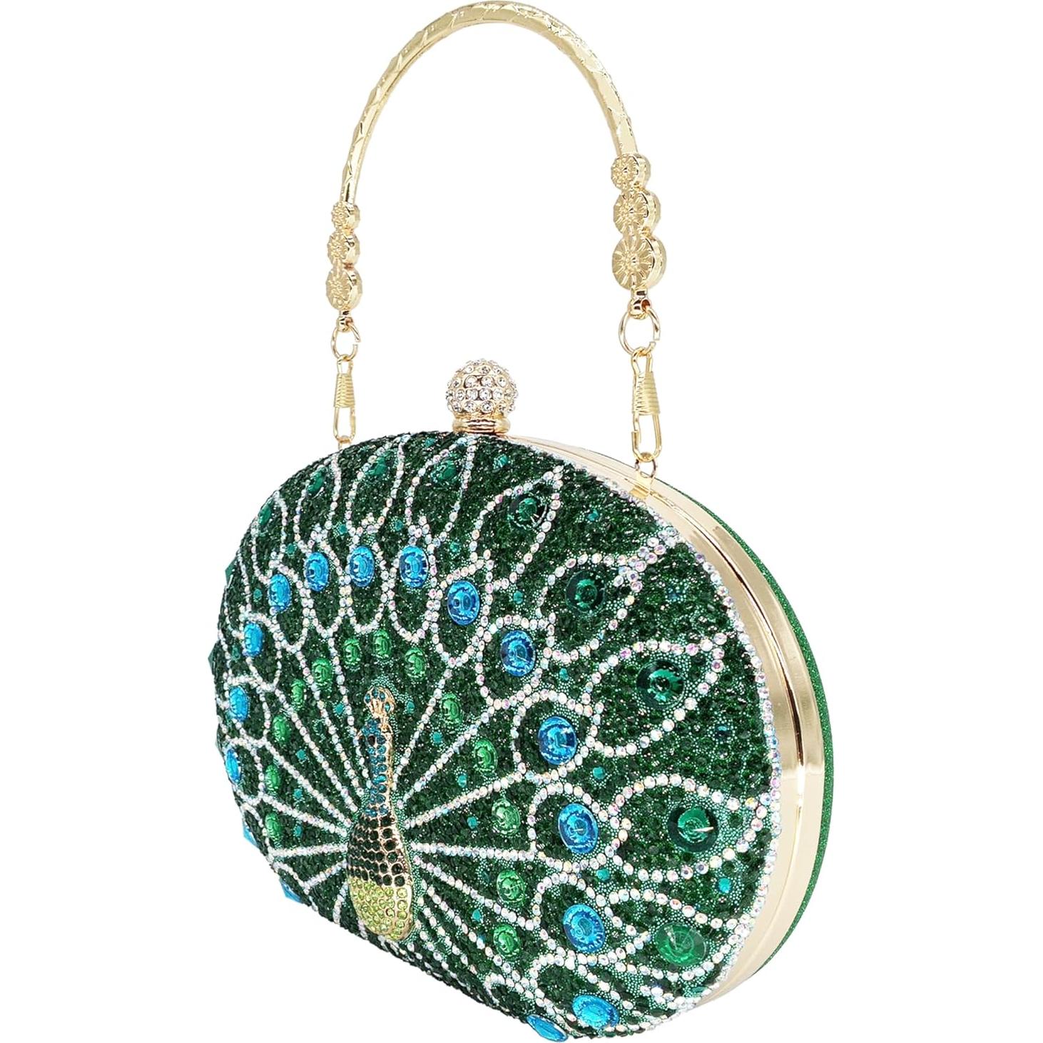 Bolso de mano de strass para mujer Pavo Real Verde 20x14cm