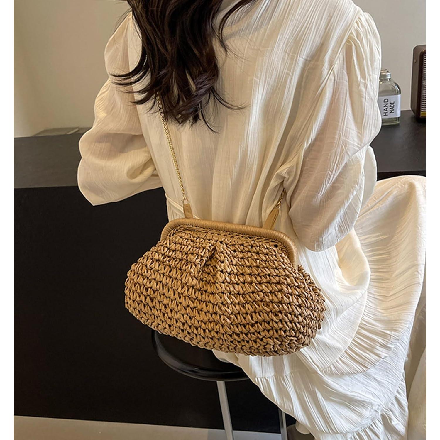 Bolso de Paja Tejido Clutch Nube para Mujeres 28.4x23.9cm