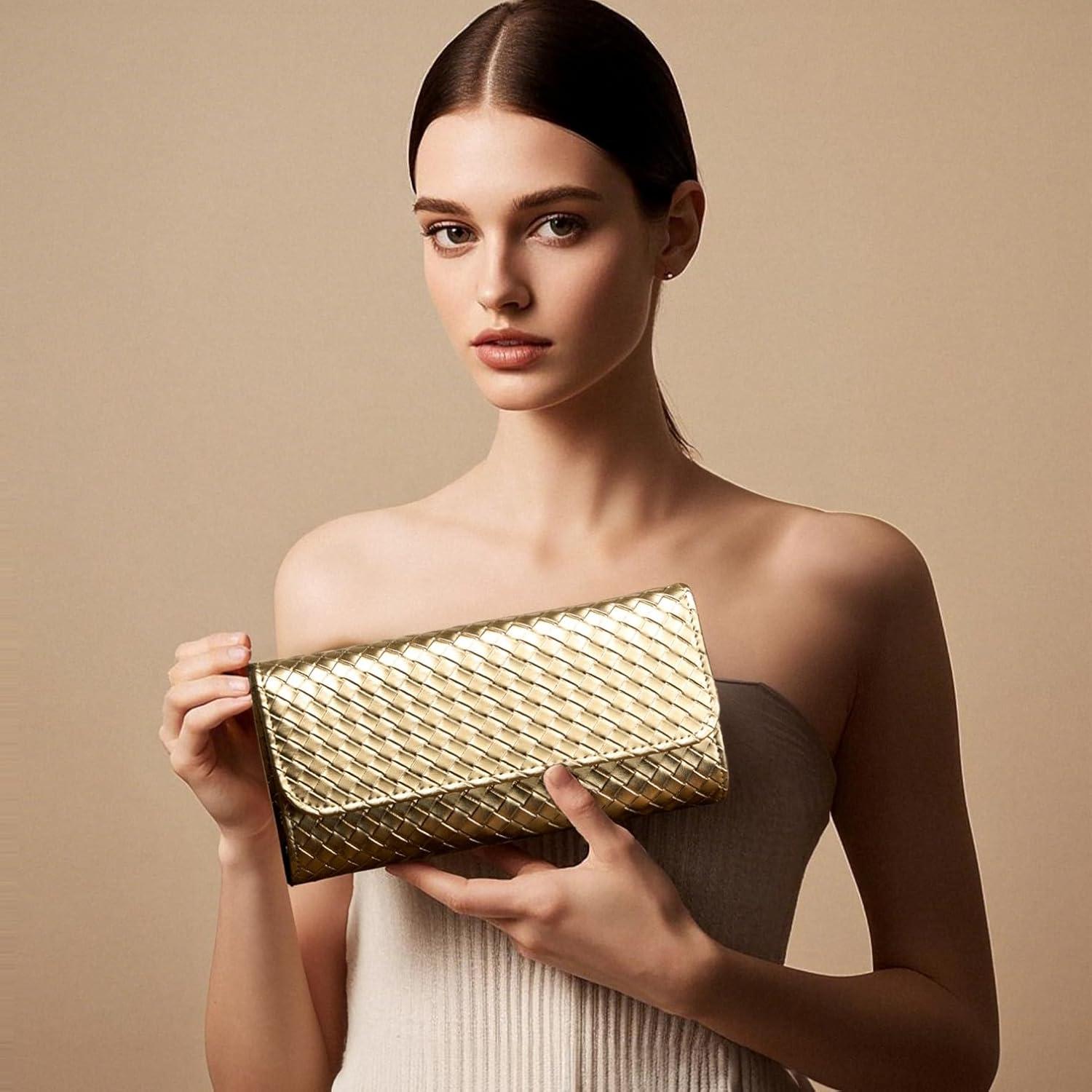 Bolso Clutch Tejido DETARA Oro para Mujeres 23.5x12cm