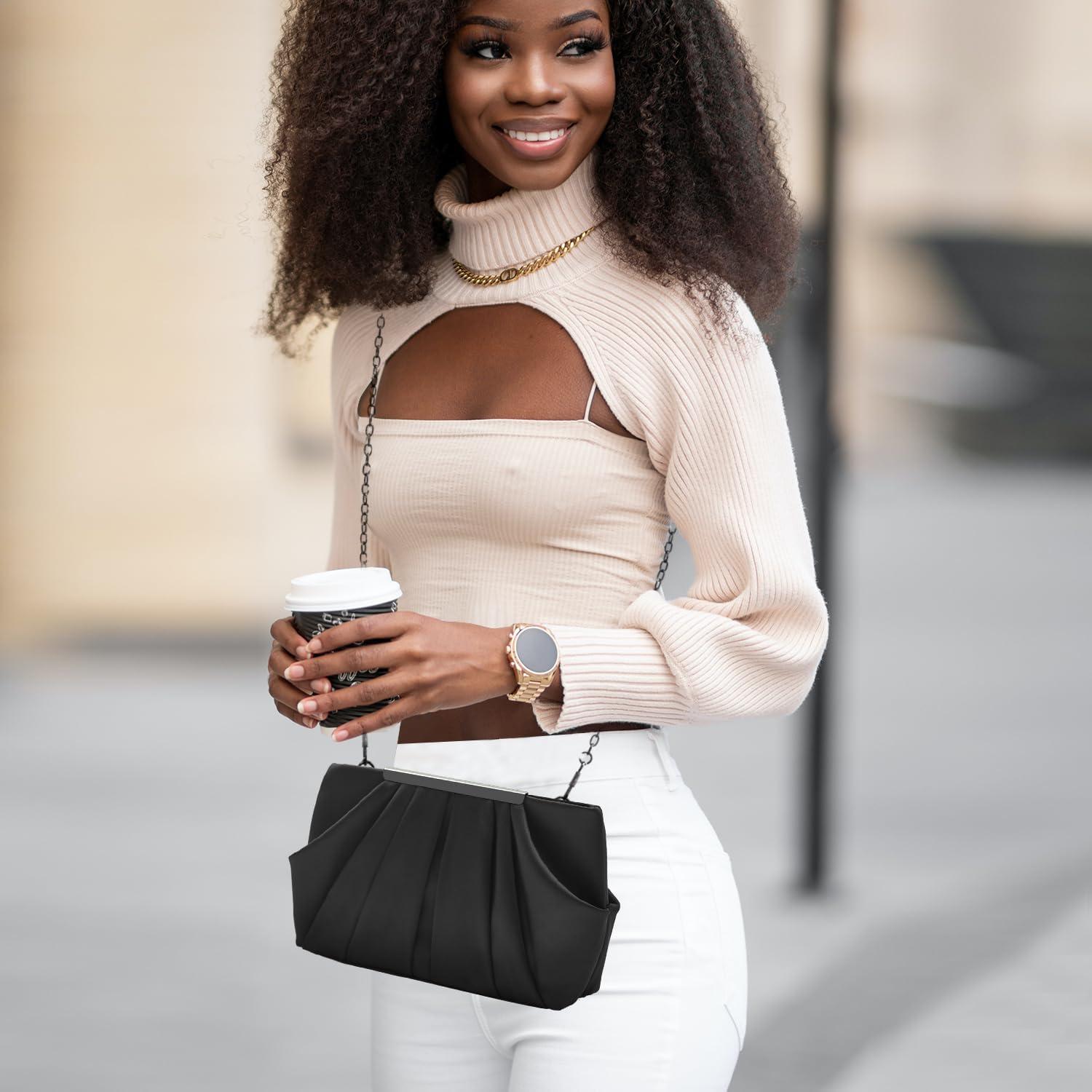 Bolso de Mano de Satén Plisado Expouch para Mujeres - Marino