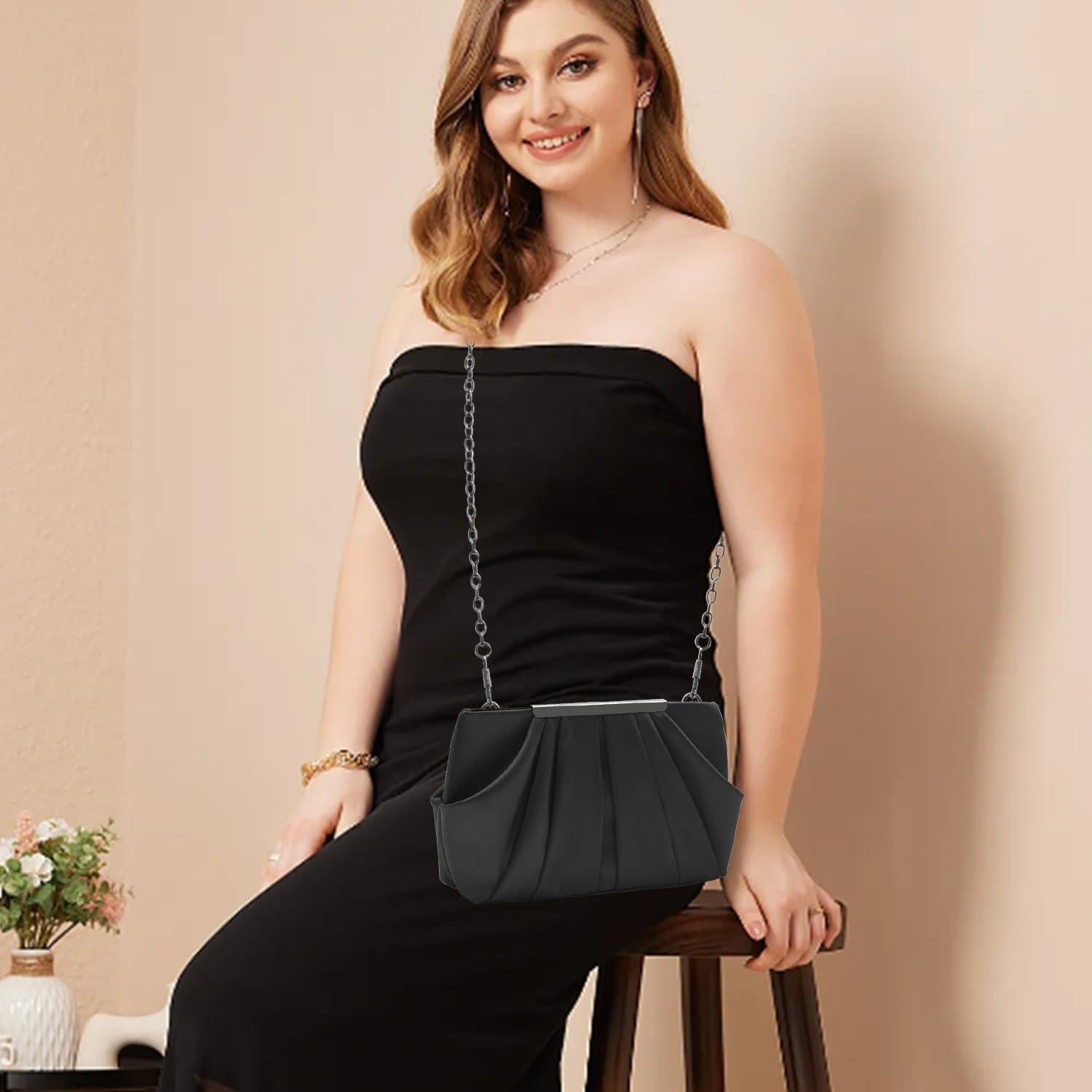 Bolso de Mano de Satén Plisado Expouch para Mujeres - Marino