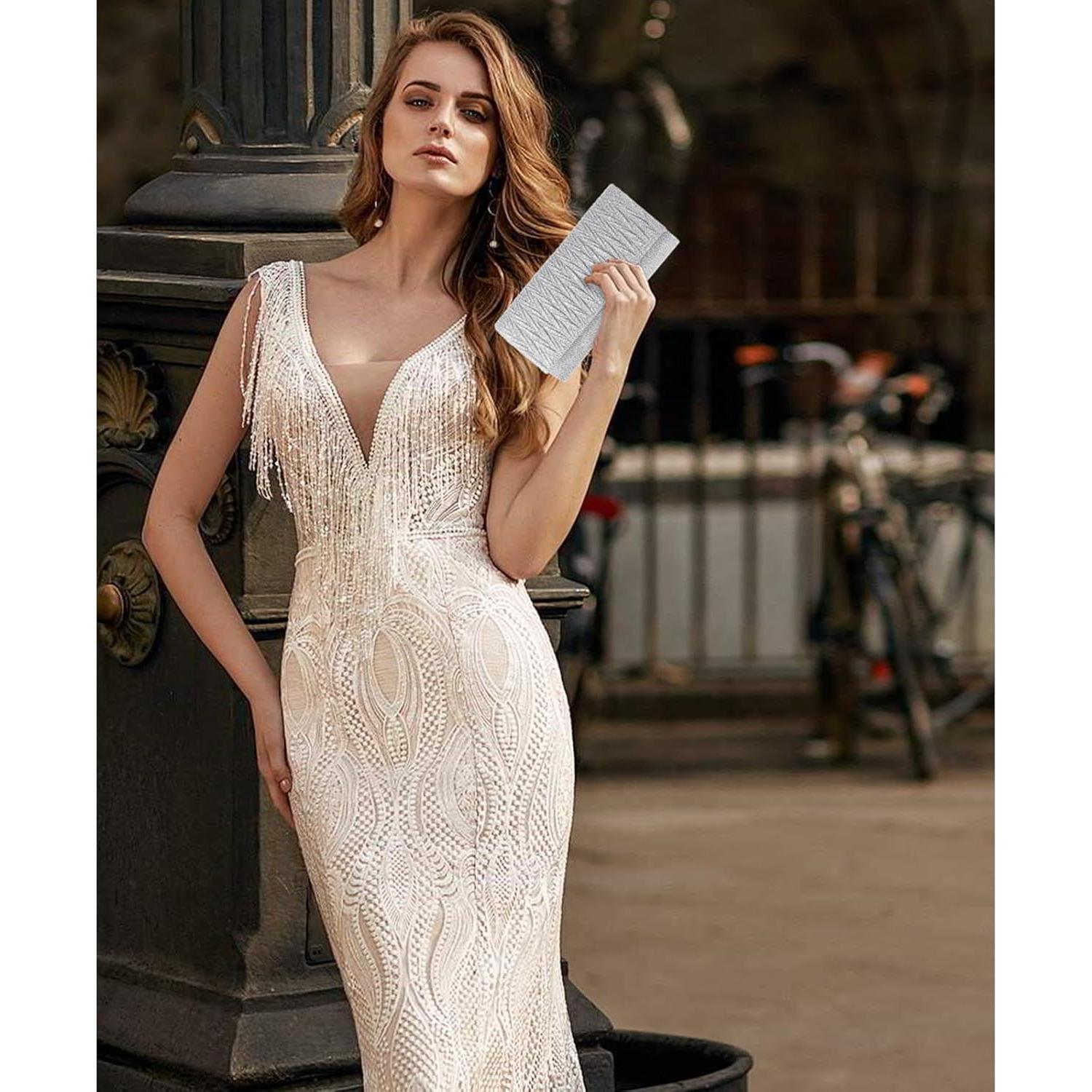 Cartera de Mano Brillante Plateada para Mujeres 20x5.5x10cm