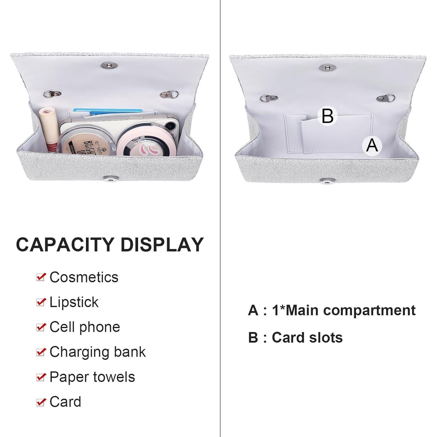 Cartera de Mano Brillante Plateada para Mujeres 20x5.5x10cm