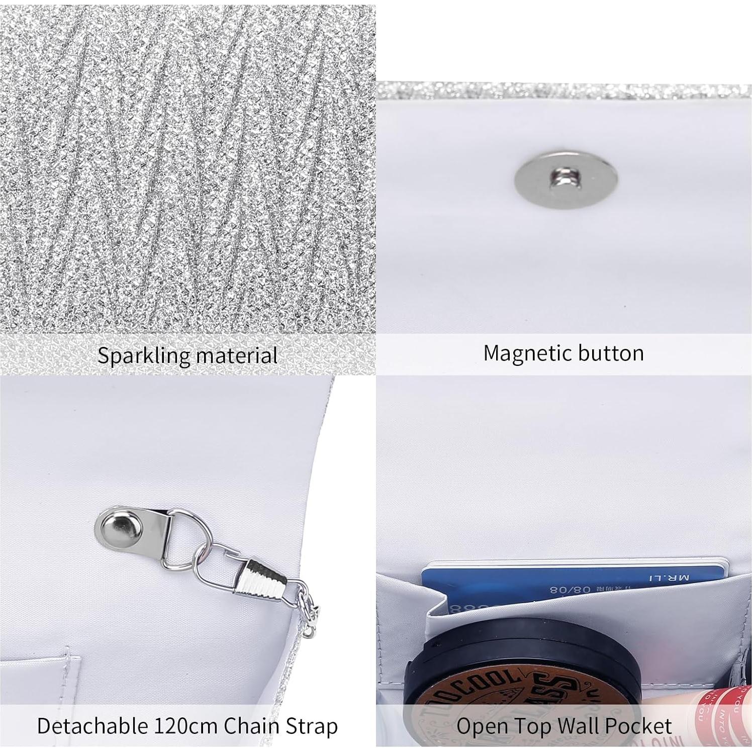 Cartera de Mano Brillante Plateada para Mujeres 20x5.5x10cm