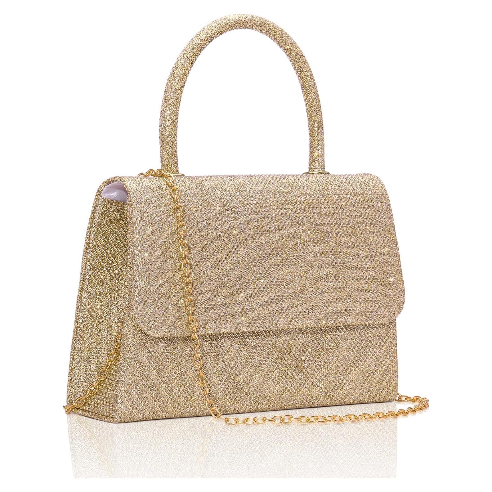 Bolso de Noche Larcenciel Champagne con Asa y Cadena 20x5.5cm