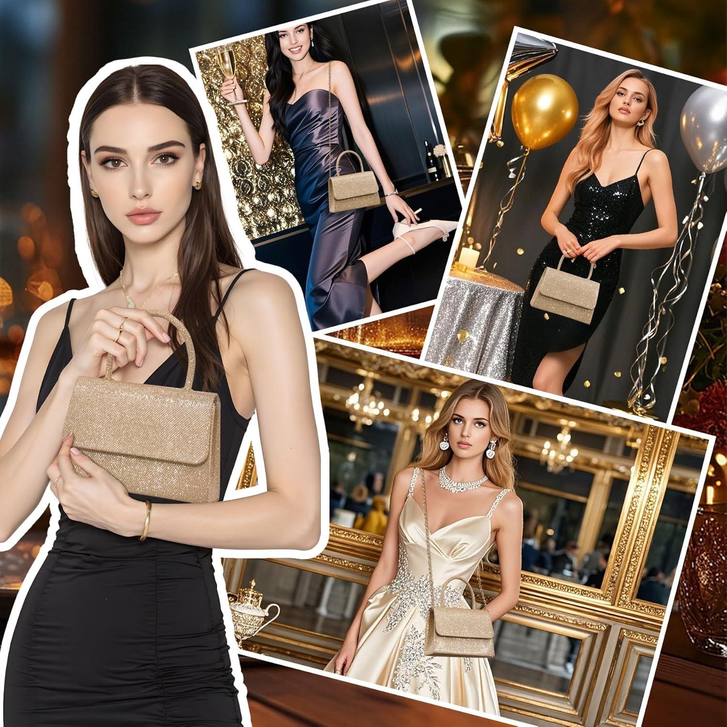 Bolso de Noche Larcenciel Champagne con Asa y Cadena 20x5.5cm