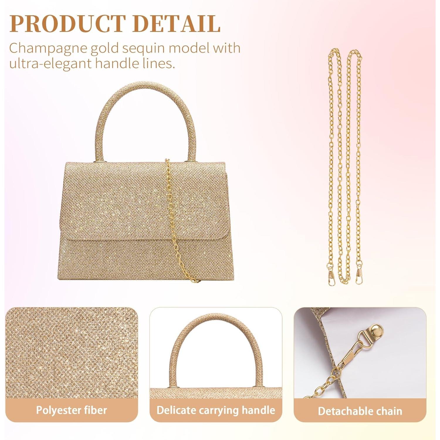 Bolso de Noche Larcenciel Champagne con Asa y Cadena 20x5.5cm
