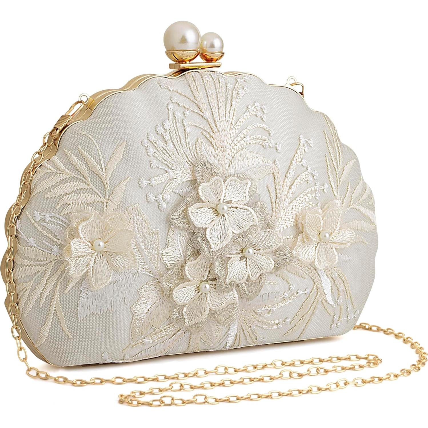 Bolso de Mano de Noche YYW para Mujeres Bordado Blanco Roto