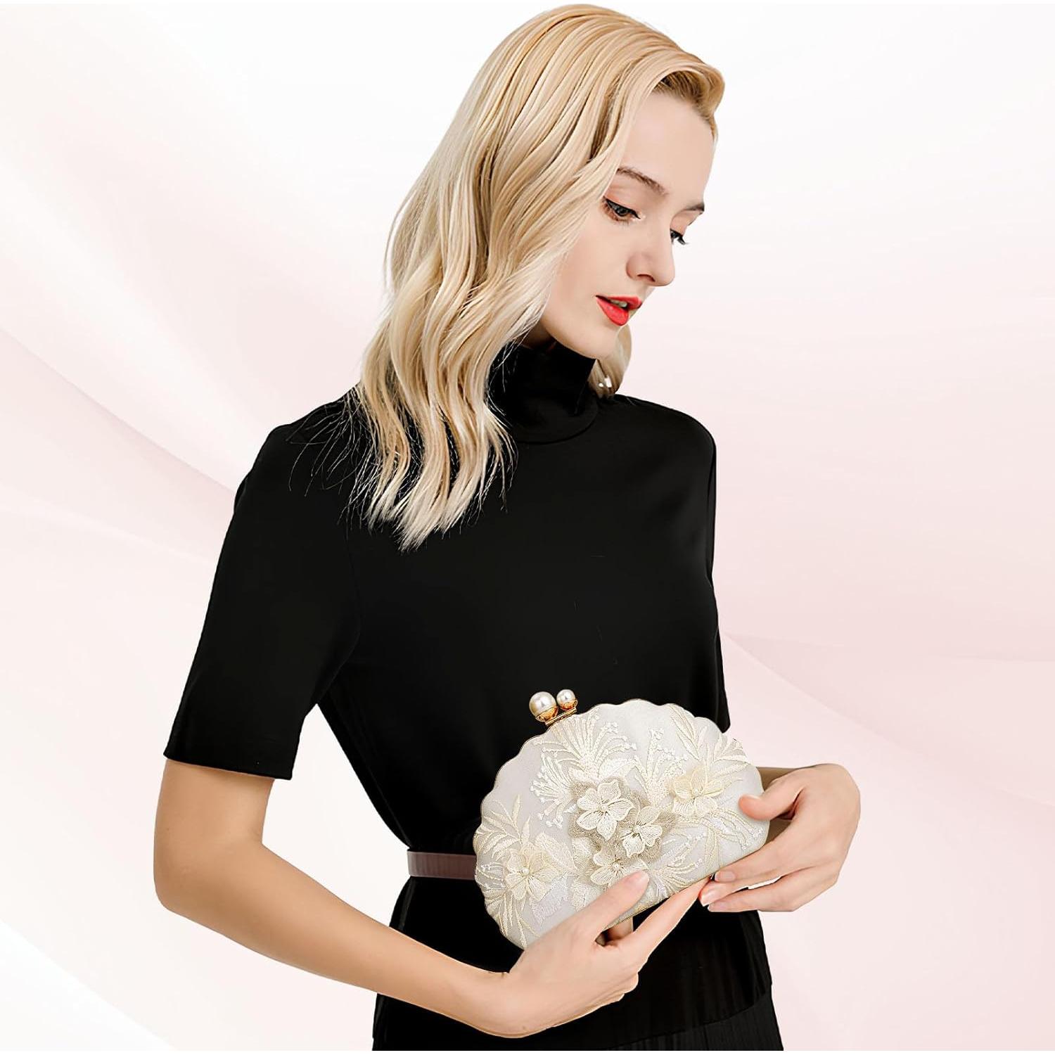 Bolso de Mano de Noche YYW para Mujeres Bordado Blanco Roto