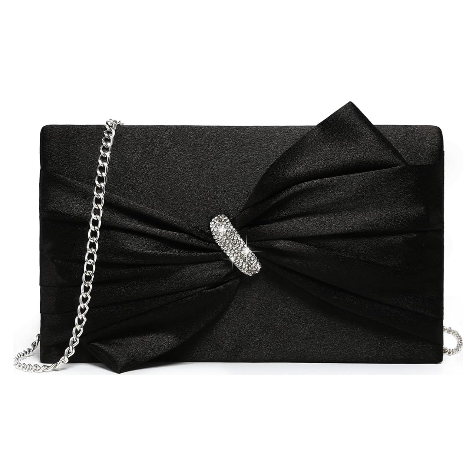 Bolso de Noche Dasein para Mujeres en Satén Negro con Lazo y Rhinestones