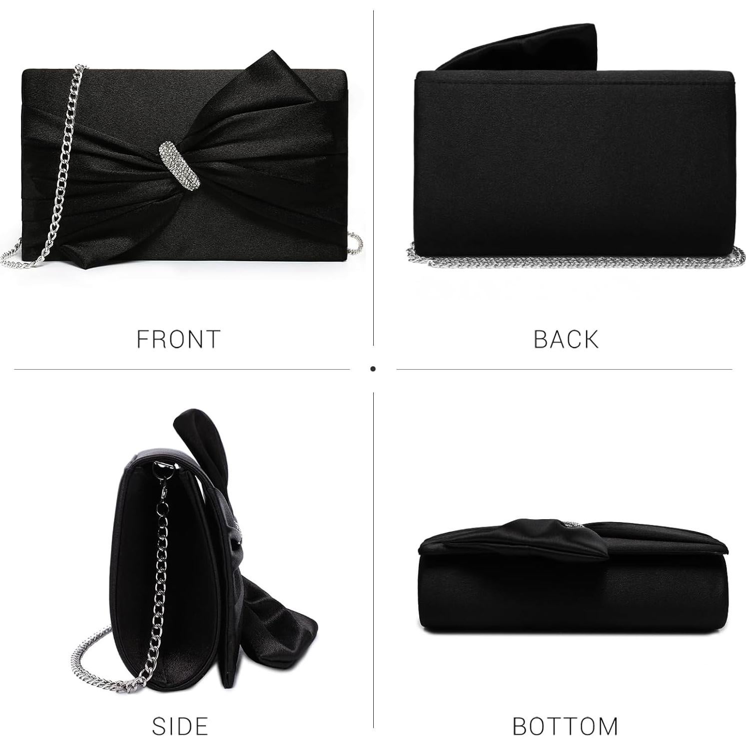 Bolso de Noche Dasein para Mujeres en Satén Negro con Lazo y Rhinestones