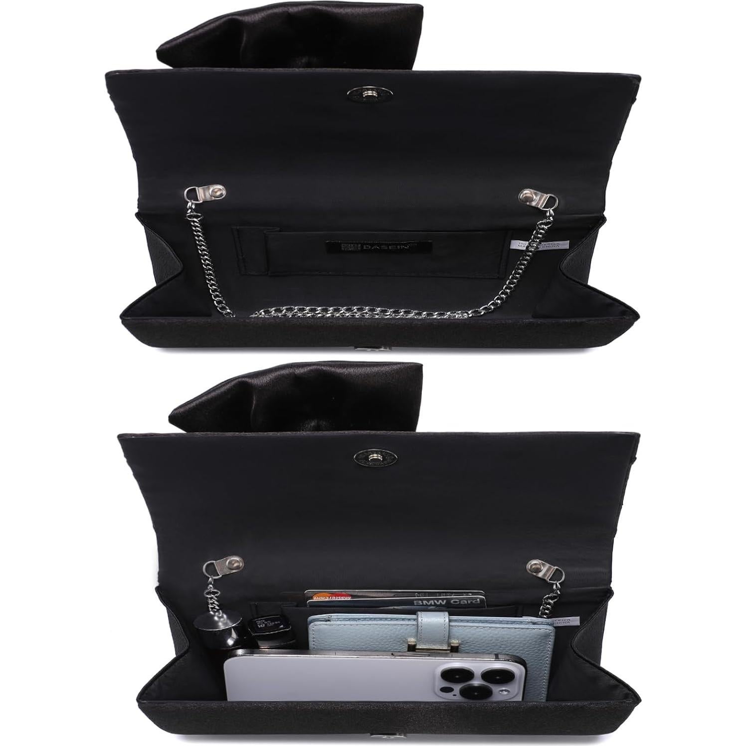 Bolso de Noche Dasein para Mujeres en Satén Negro con Lazo y Rhinestones