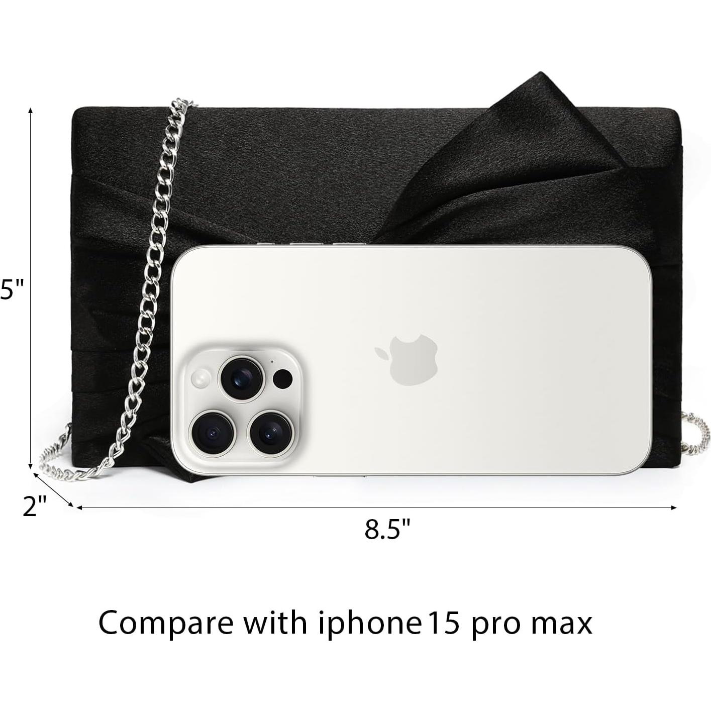 Bolso de Noche Dasein para Mujeres en Satén Negro con Lazo y Rhinestones