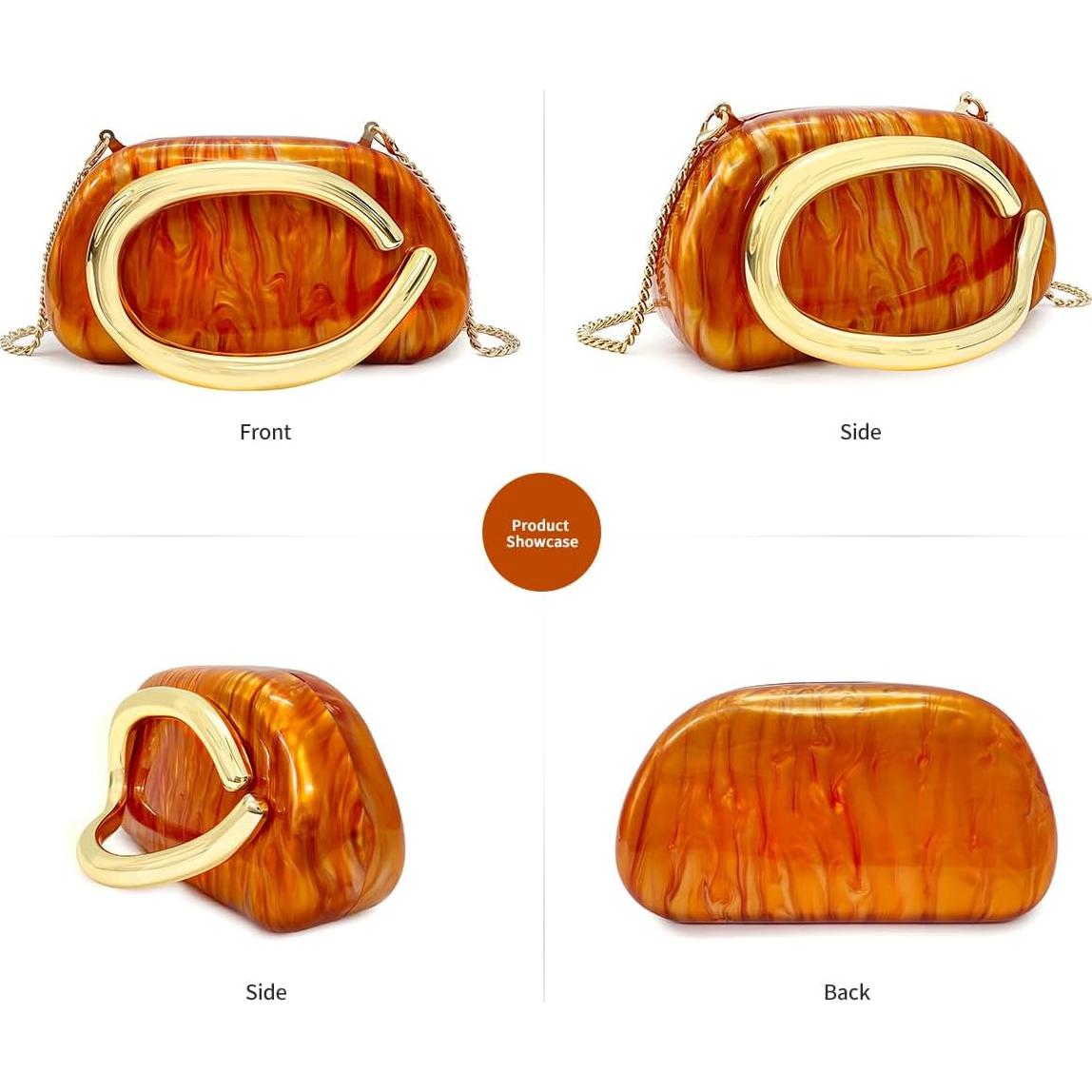 Bolso de mano acrílico naranja para mujeres con asa de metal