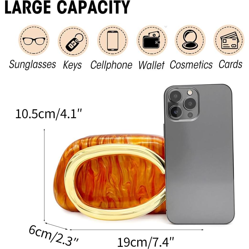 Bolso de mano acrílico naranja para mujeres con asa de metal