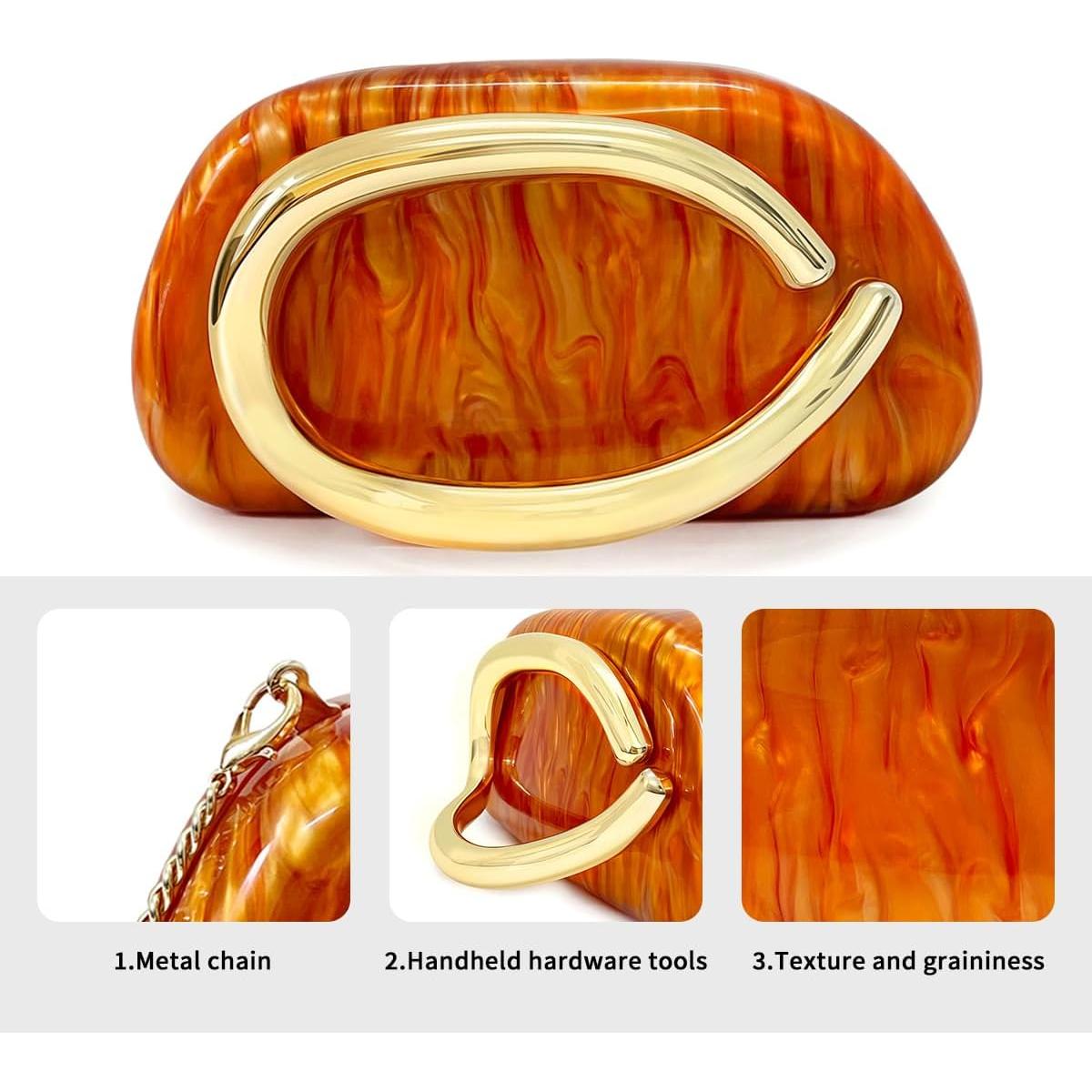 Bolso de mano acrílico naranja para mujeres con asa de metal