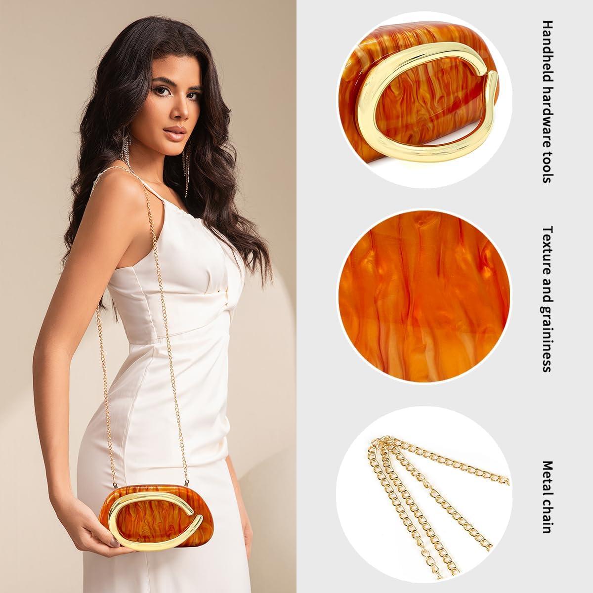 Bolso de mano acrílico naranja para mujeres con asa de metal